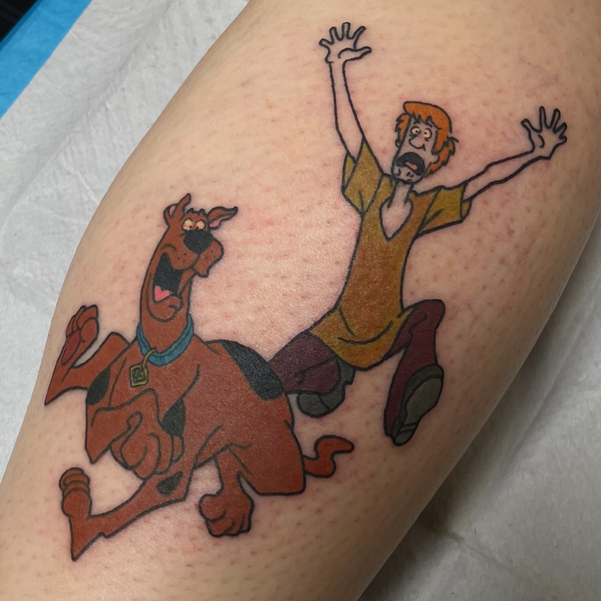 Scooby-Doo and Shaggy dotwork tattoo on the thigh by Chrissy Ungrew Tattoos, Covington, Kentucky