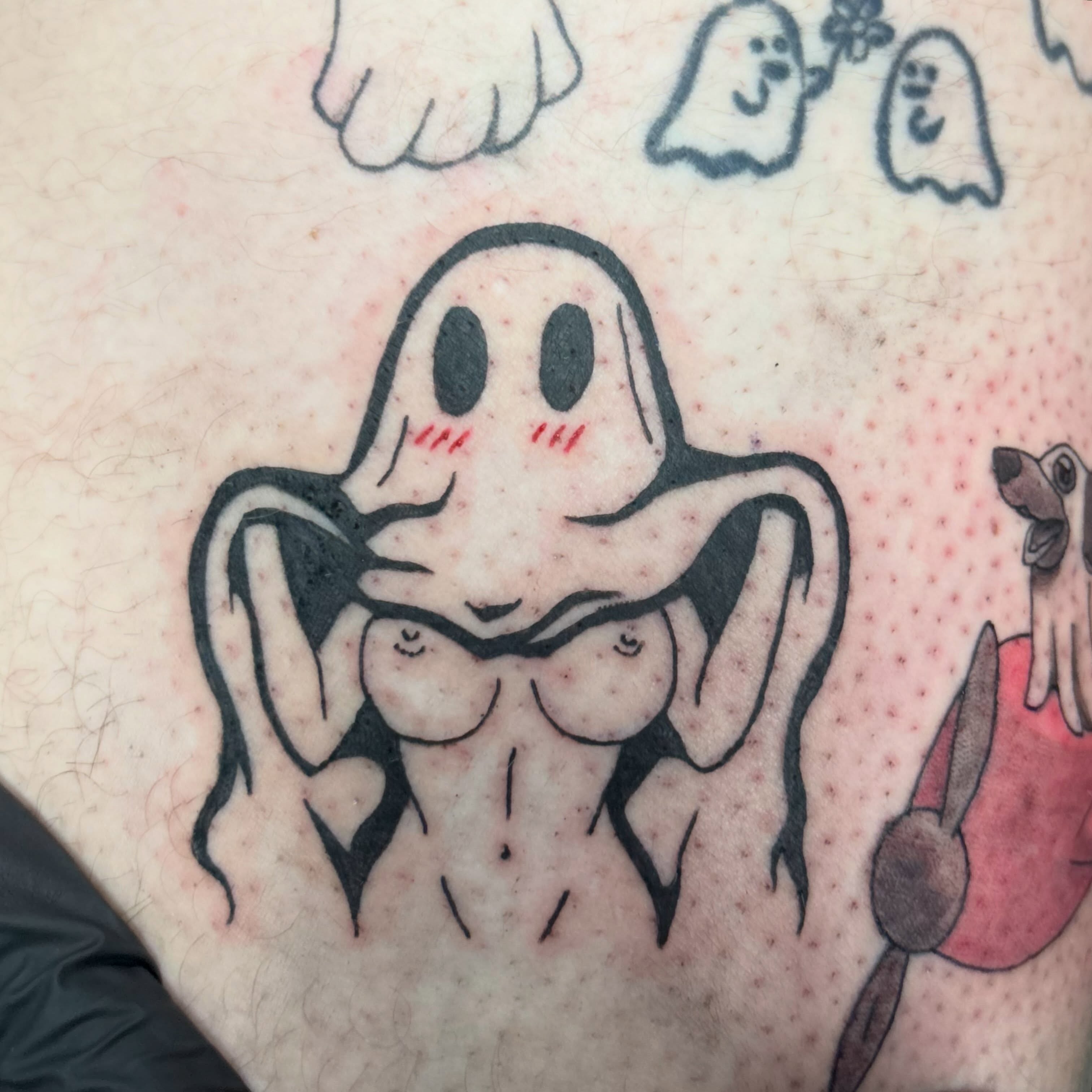 Ghost dotwork tattoo on the thigh by ✨Tattoos By Martina ✨