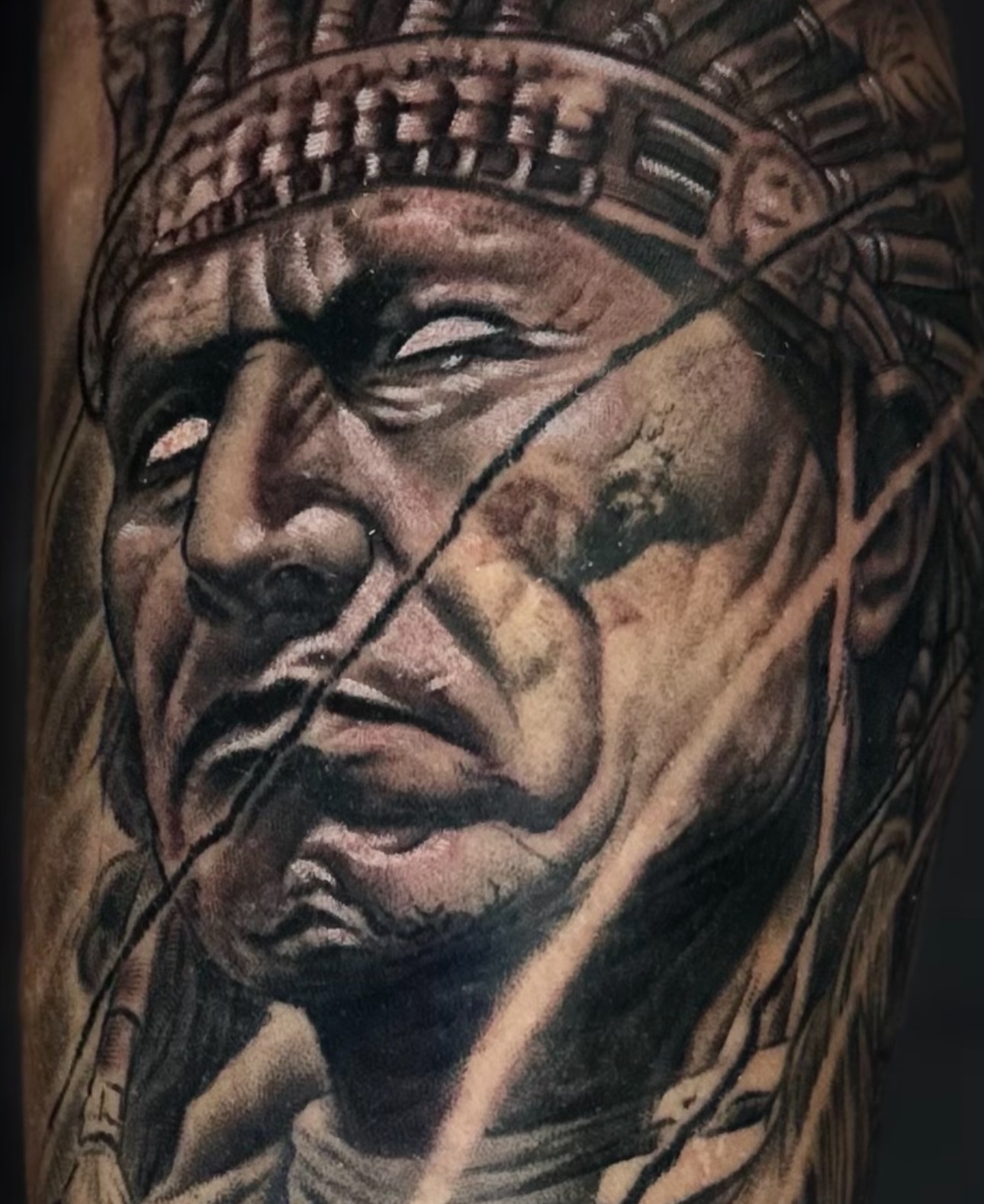 Indian chief realism tattoo on the forearm by Jesse White, Mentor, Ohio