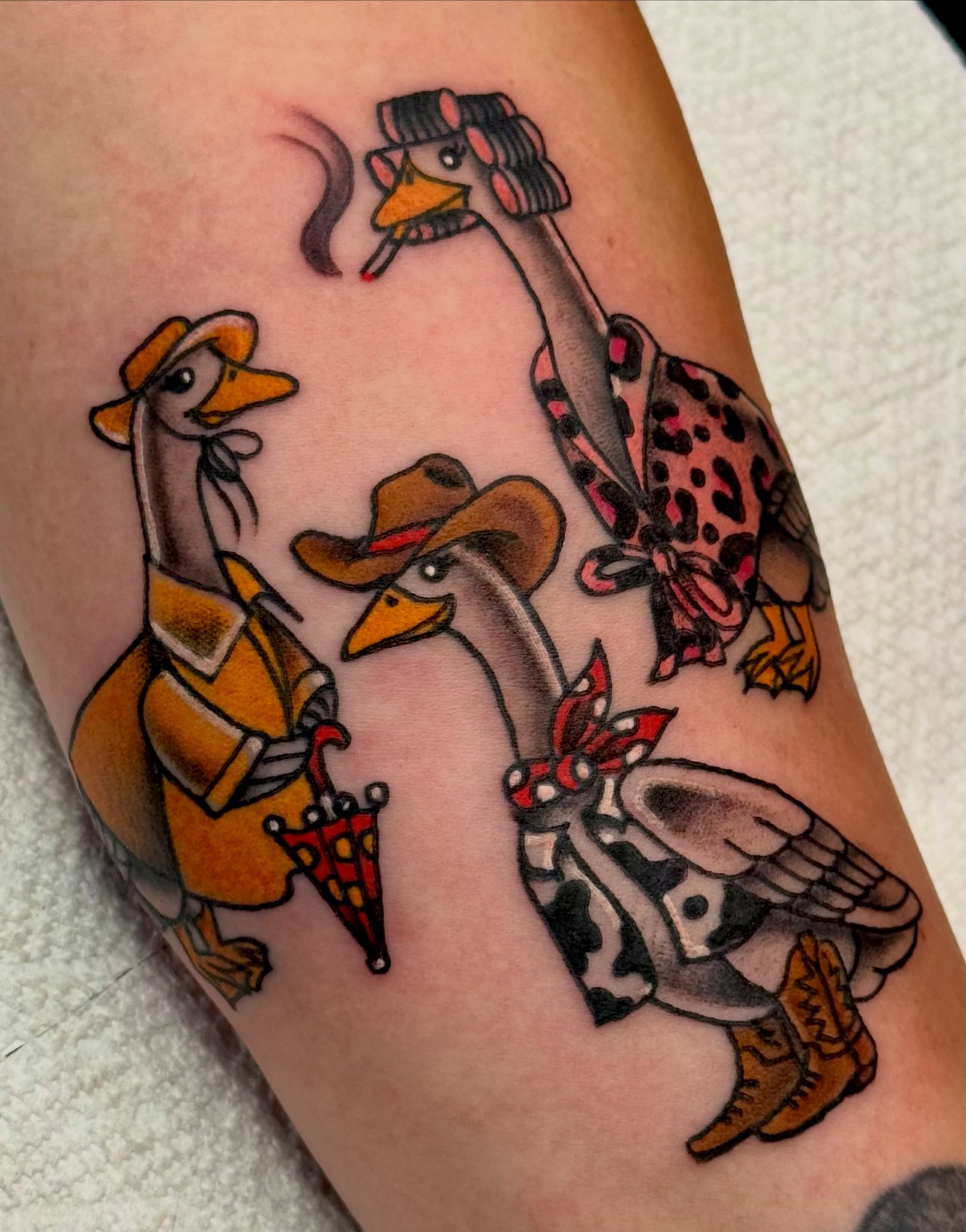Geese American traditional tattoo on the thigh by 🪩 Marisa Rae Mathews 🪩, McKees Rocks, Pennsylvania