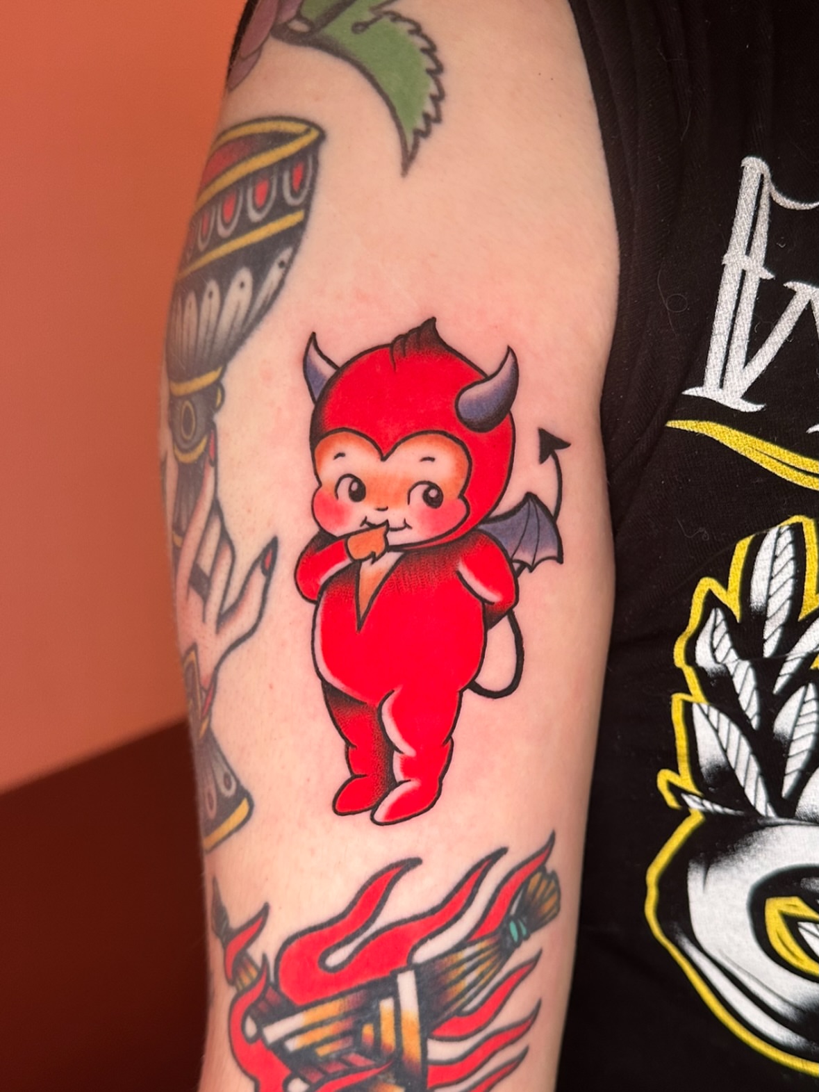 Chibi devil American traditional tattoo on the forearm by 𝔪𝔞𝔩𝔢𝔯𝔦𝔢 𝔫𝔢𝔳𝔢𝔯𝔪𝔬𝔯𝔢 🐦‍⬛ 𝔫𝔢𝔴 𝔧𝔢𝔯𝔰𝔢𝔶 𝔱𝔞𝔱𝔱𝔬𝔬