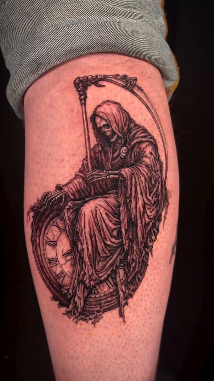 Grim Reaper on a clock dark realism tattoo by Jessica Sheahan