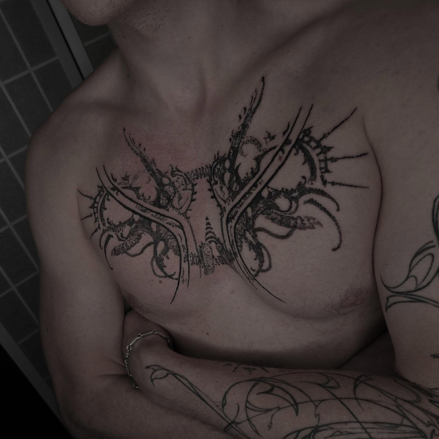 Abstract tree black and grey tattoo on the chest by ⚙️ 𝔄𝔞𝔯𝔬𝔫 𝔇. ⚙️