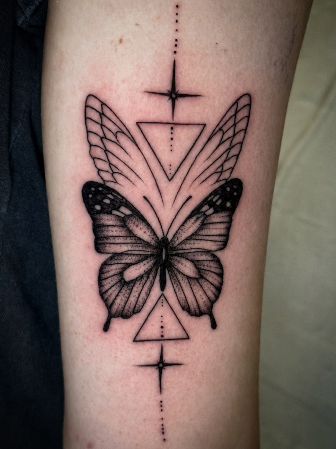 Butterfly dotwork tattoo on the forearm by 𝕳𝖆𝖓𝖓𝖆𝖍 𝕮𝖆𝖓𝖋𝖎𝖊𝖑𝖉 ✨ Memphis Tattoo Artist, Memphis, Tennessee