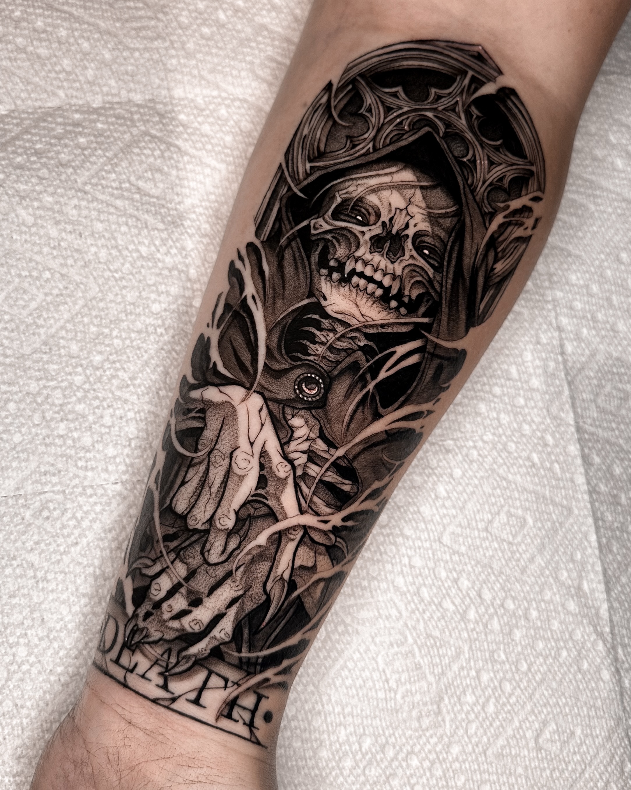 Grim reaper realism tattoo on the forearm by Taylin Johnson- Illustrative Blackwork, Columbus, Ohio