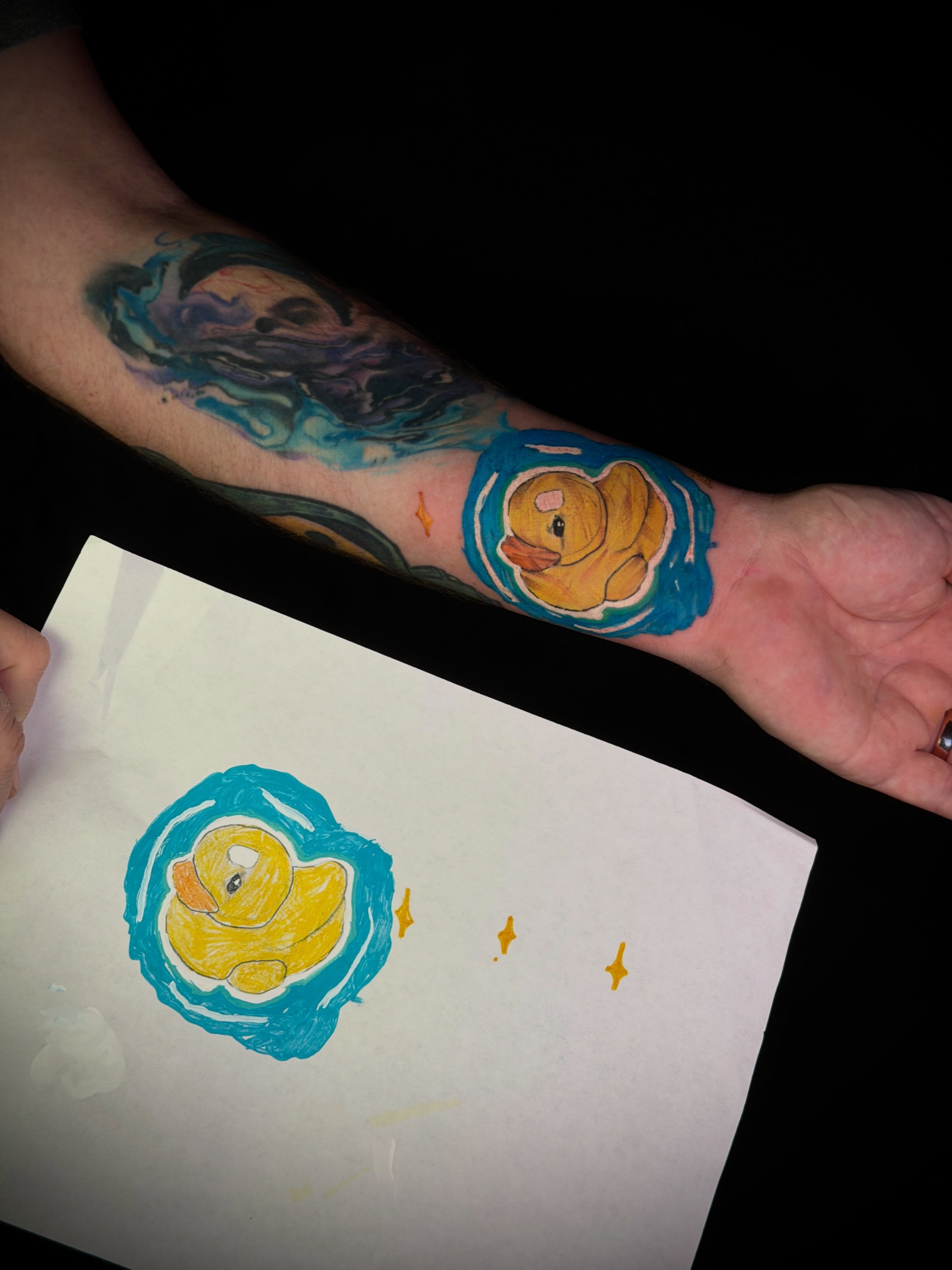 Rubber duck new school tattoo on the forearm by Jorell Elie