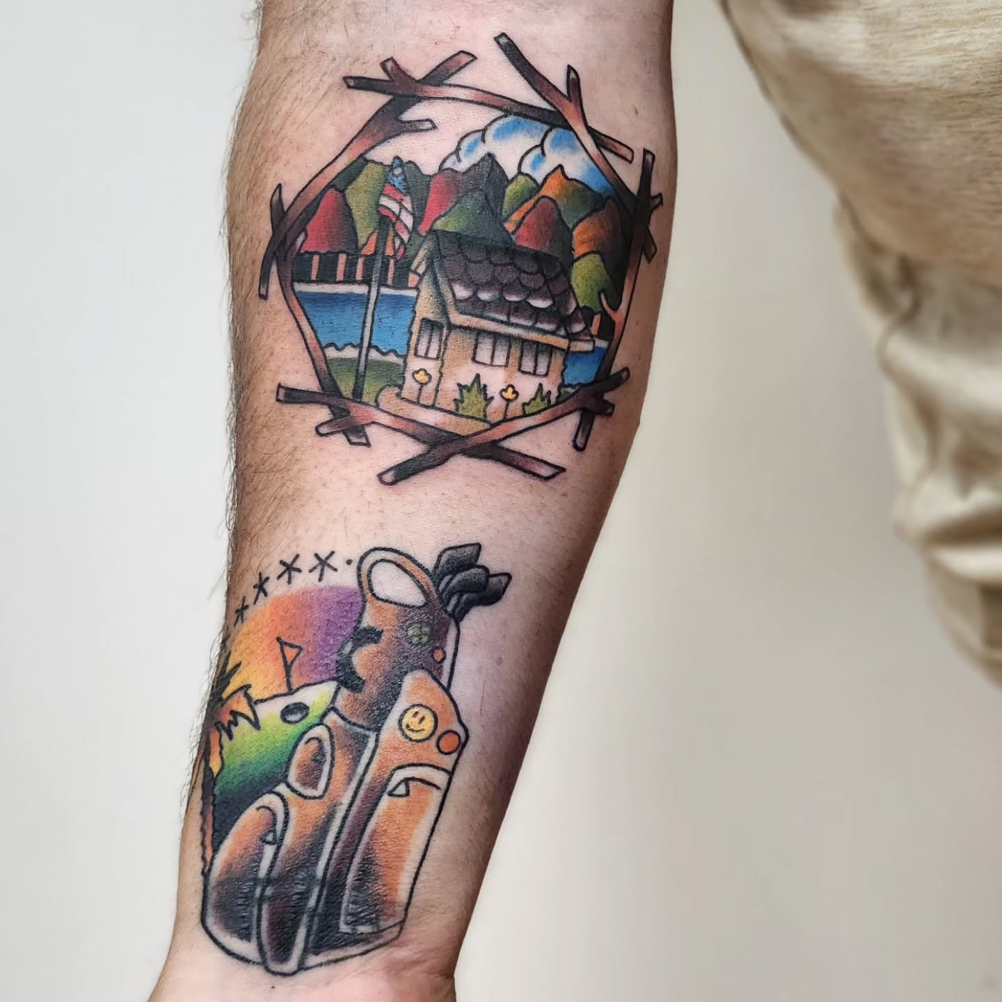 House and deer American traditional tattoo on the forearm by Sonya ๐ฟ๐ธ๐พ