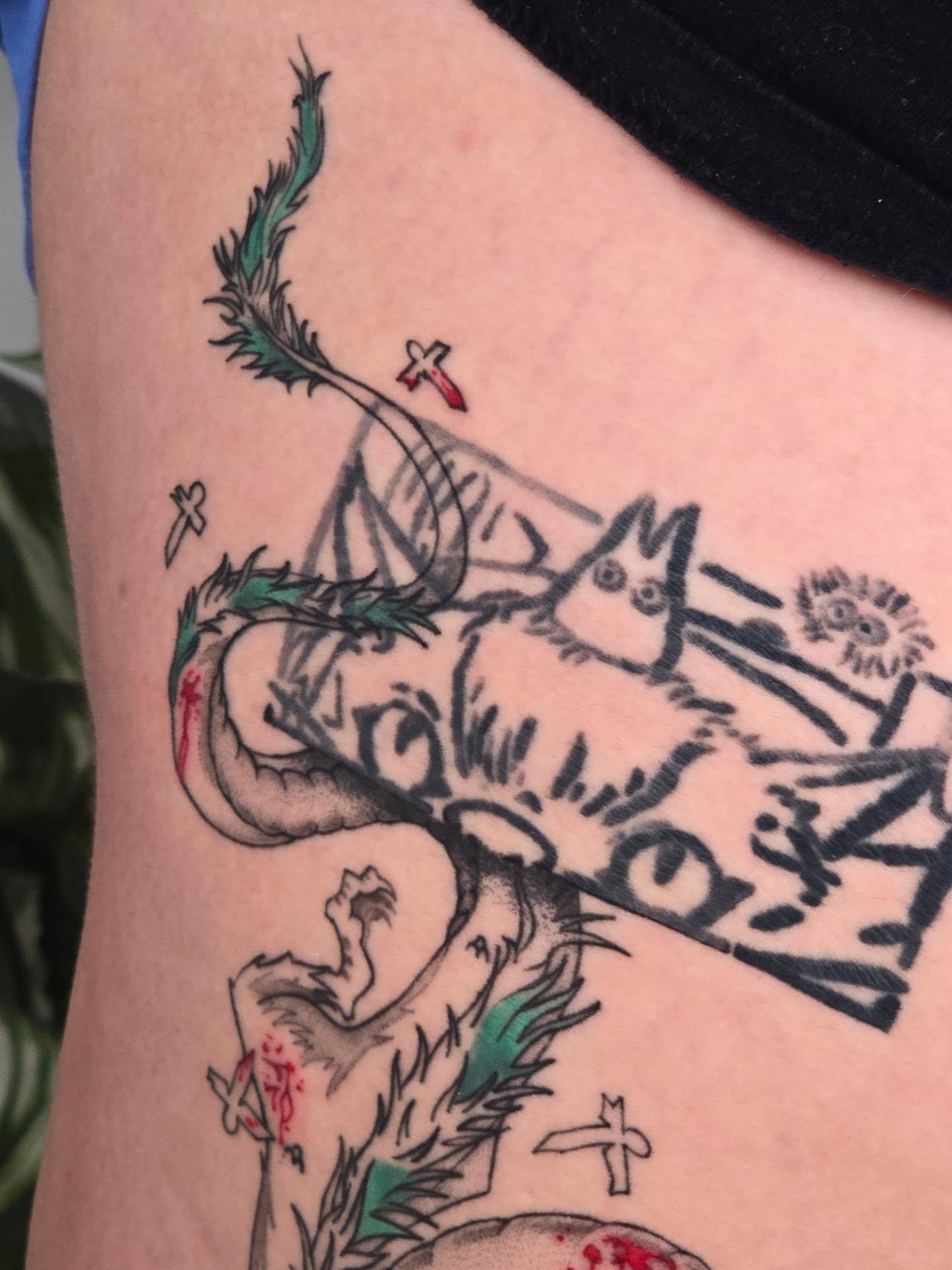 Dragon and skull American traditional tattoo on the thigh by Scribbles (Teala René), Charlotte, North Carolina