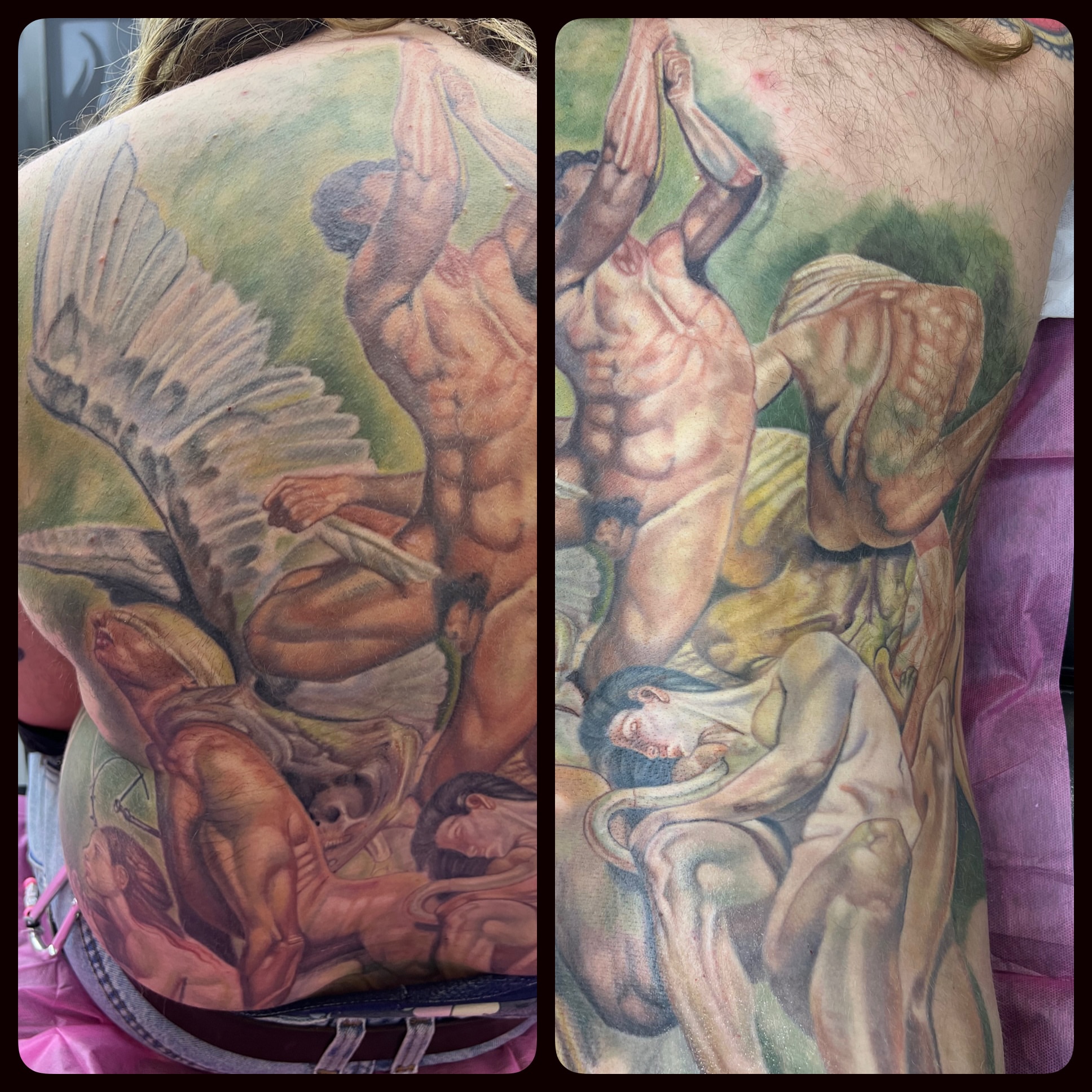 Mythological figures realism tattoo on the back by Steve Peace Calgary based tattoo artist, Calgary, Alberta