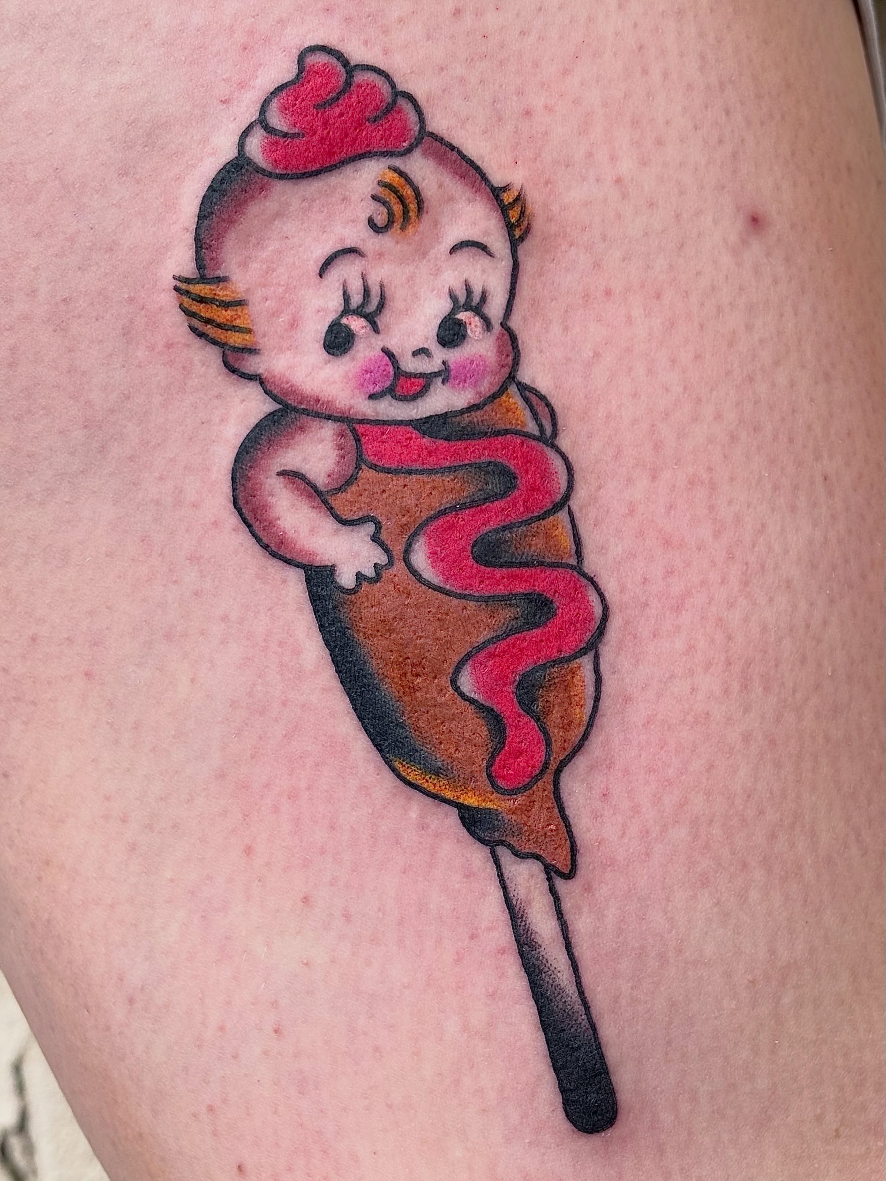 Baby hot dog American traditional tattoo on the thigh by ★ ★ ★ Matt Reinstone ★ ★ ★