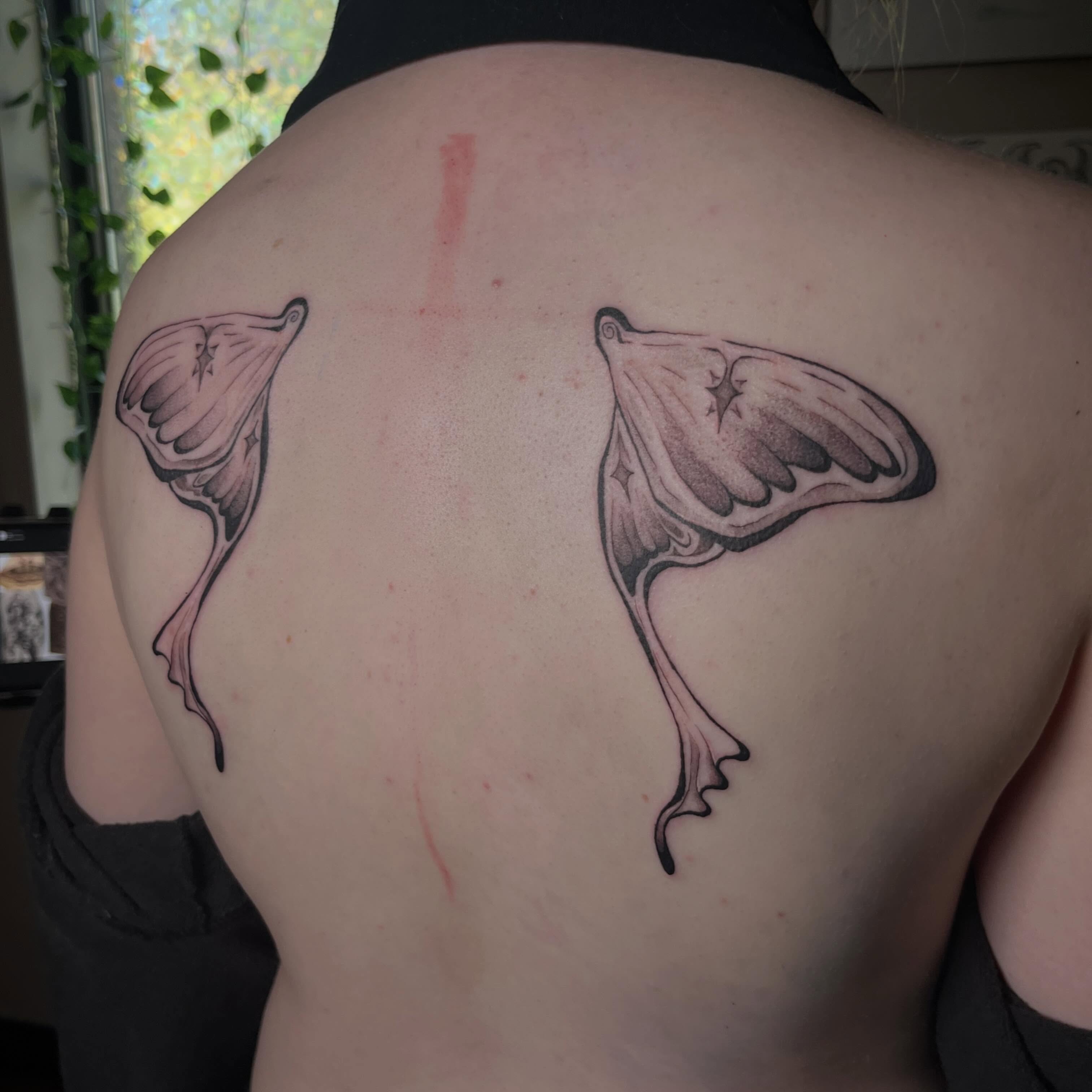 Winged creature neo-traditional tattoo on the back by Jazzy