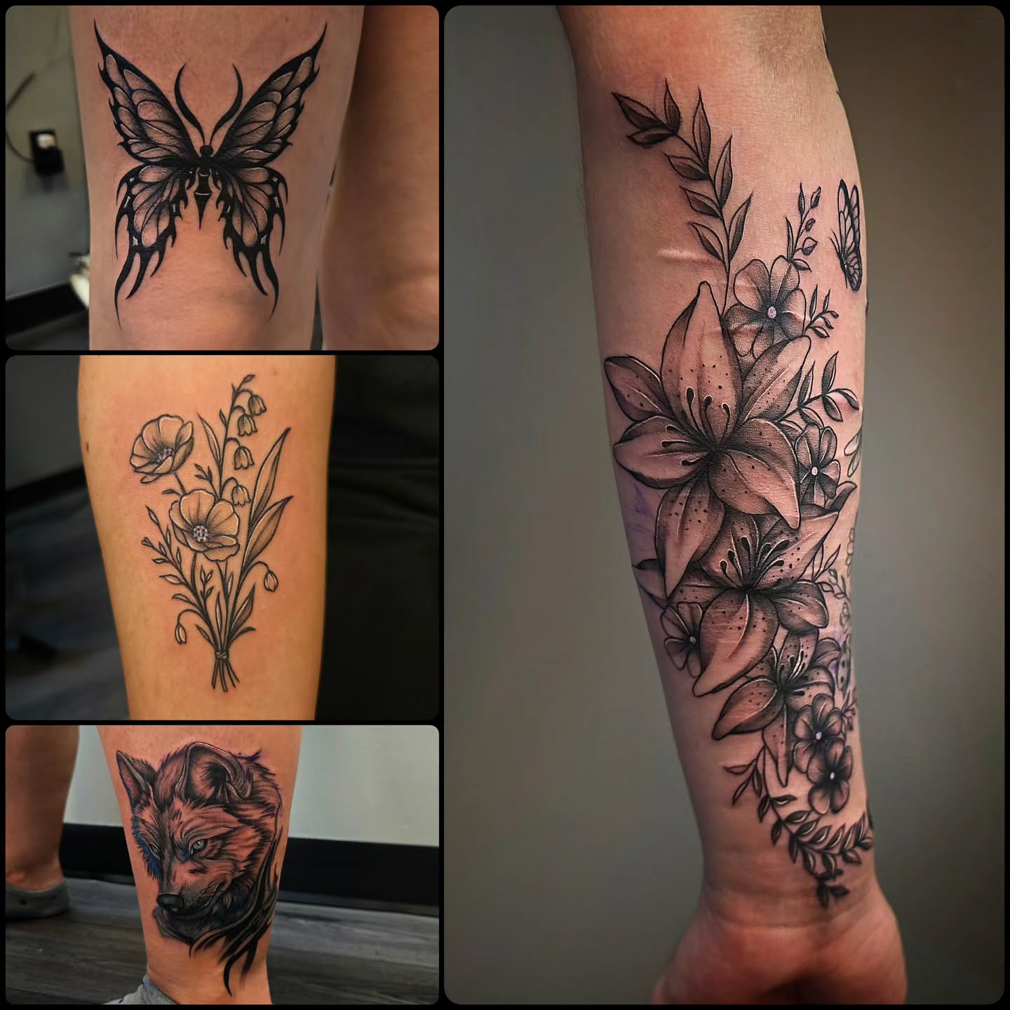 Butterfly black and grey tattoo on the forearm by Danielle Elizabeth