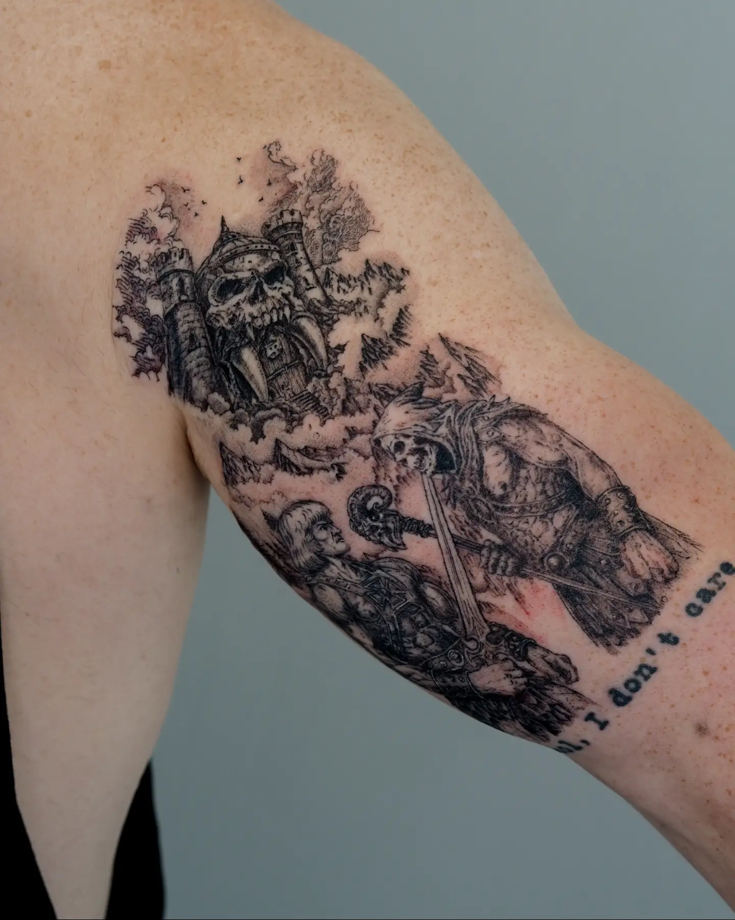 Warrior and castle realism tattoo on the forearm by MK