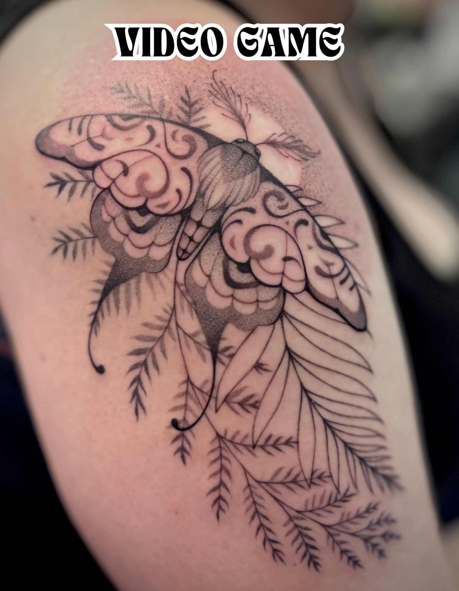 Butterfly black and grey tattoo on the shoulder by Victoria Lamorte