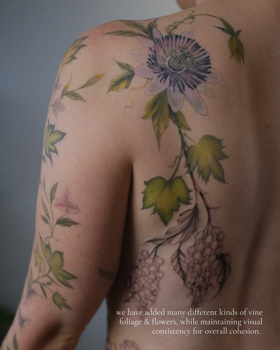 Passion flower realism tattoo on the shoulder by Temple Adorned Tattoo