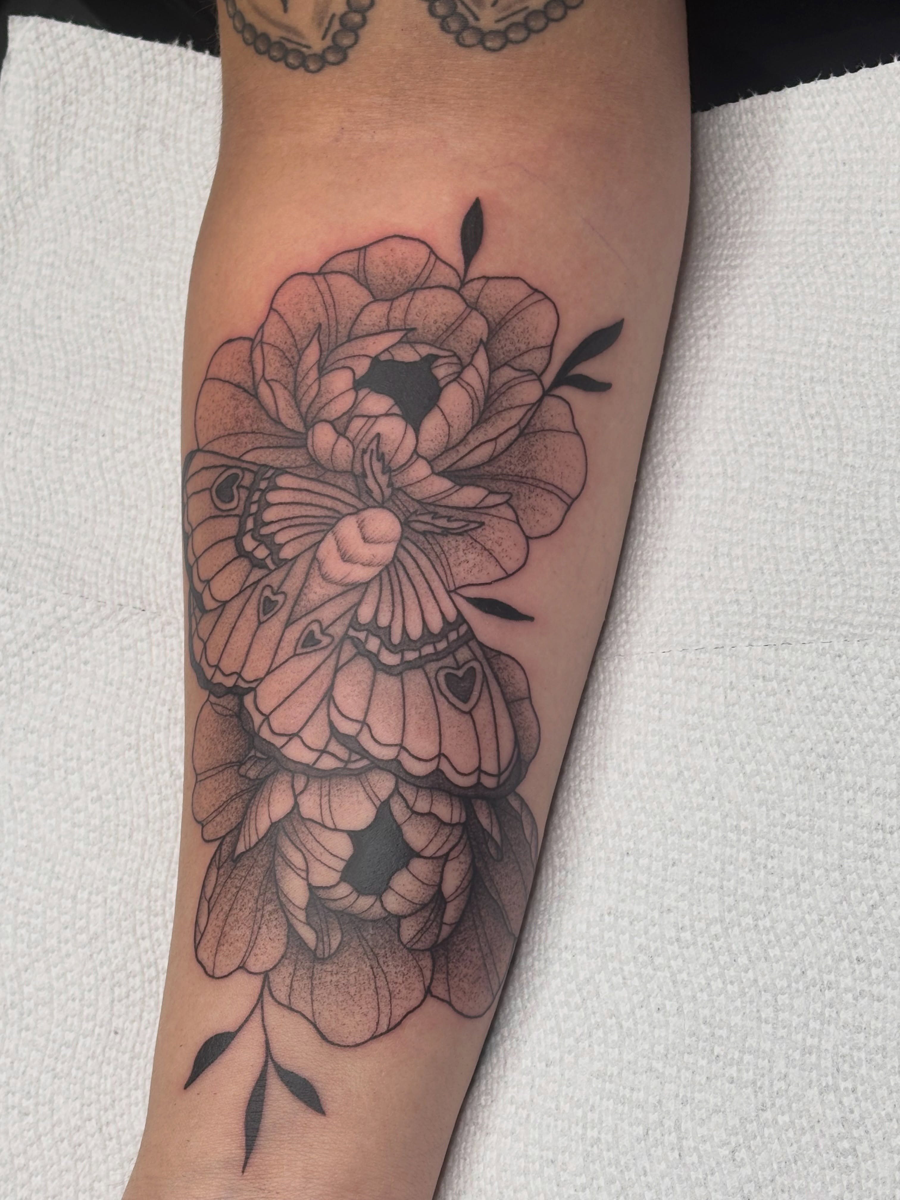 Peony and butterfly dotwork tattoo on the forearm by kylie