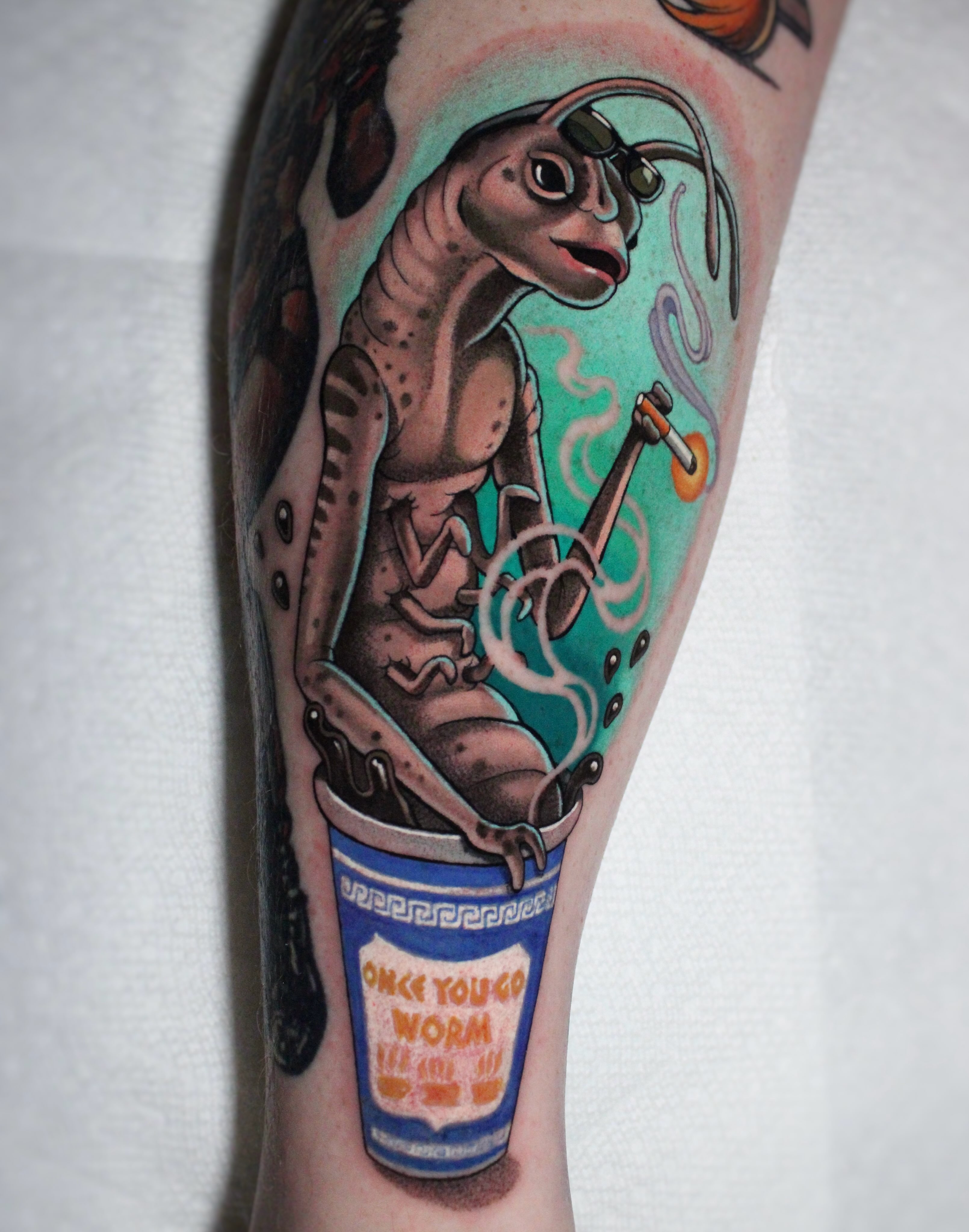 Alien with guitar American traditional tattoo on the forearm by πΆππ πΎππππππ