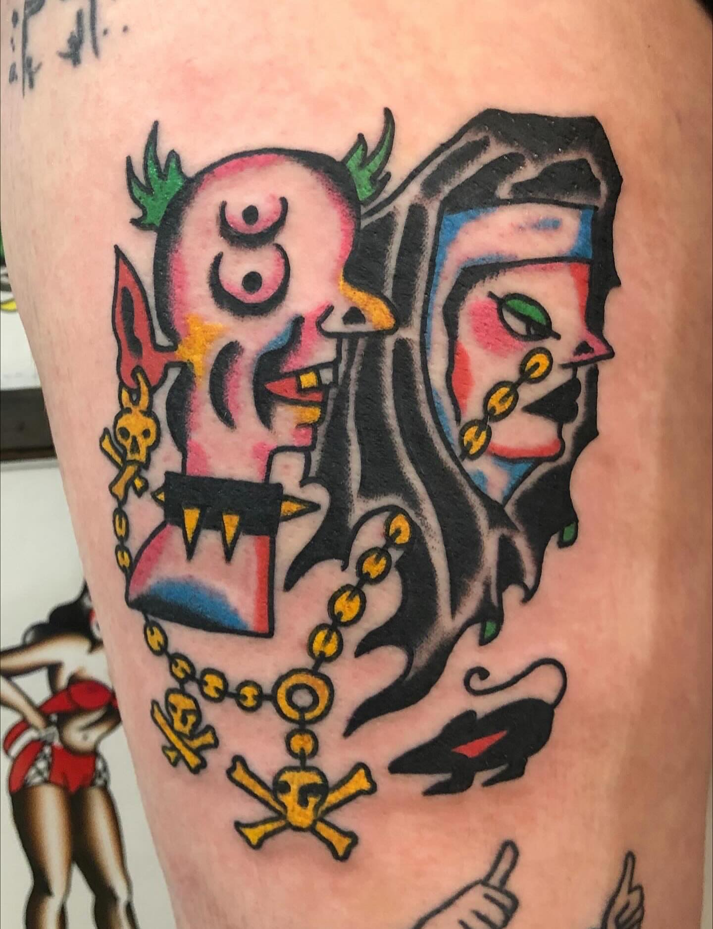 Skeleton and woman American traditional tattoo on the thigh by JAX