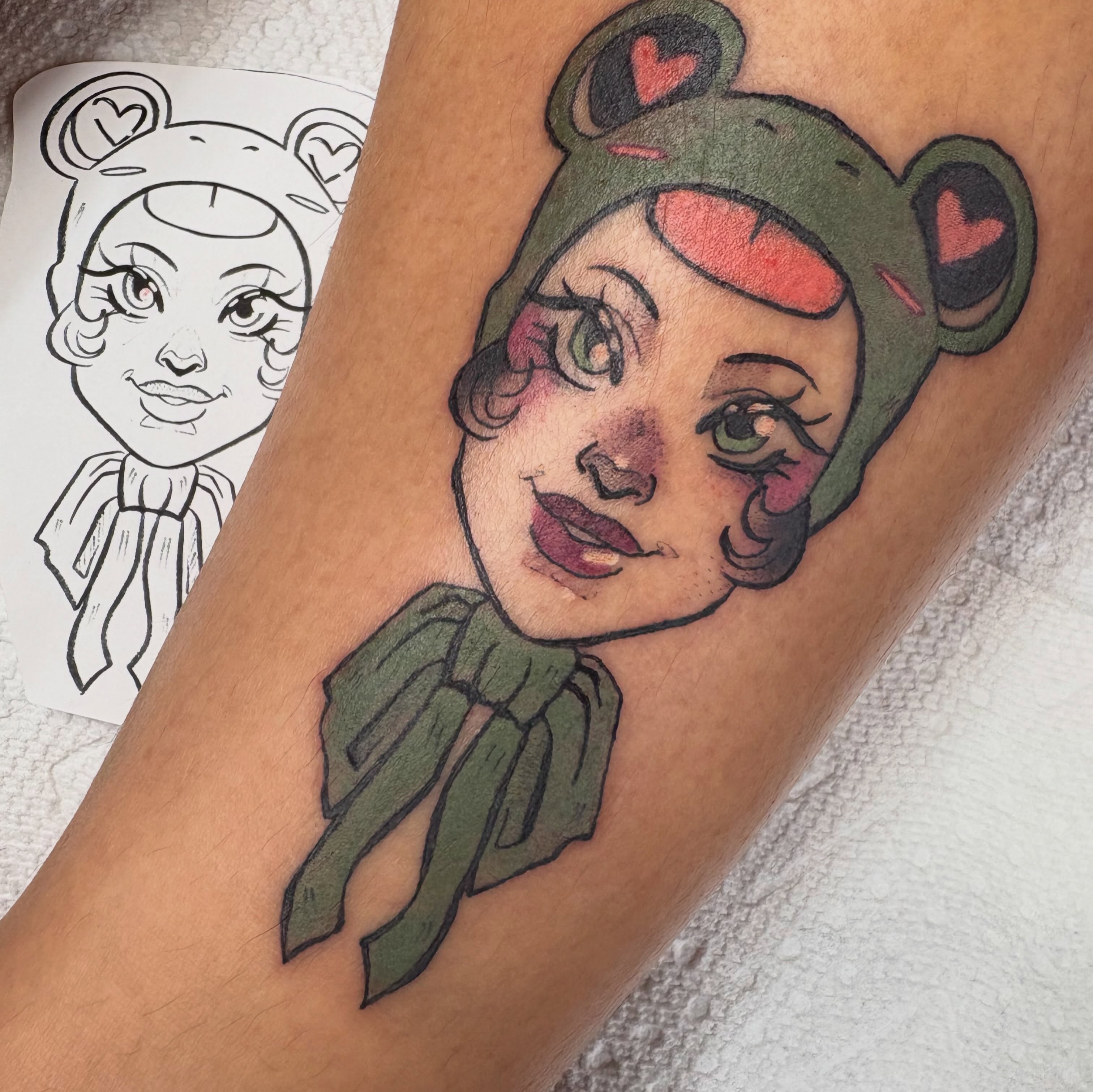 Teddy bear head American traditional tattoo on the forearm by Gabby