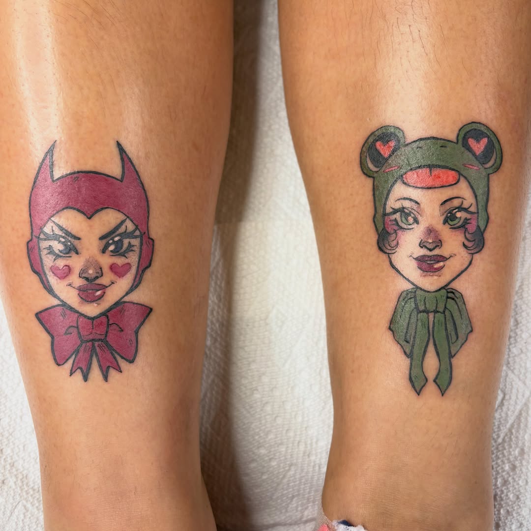 Anime characters illustrative tattoo on the leg by Gabby