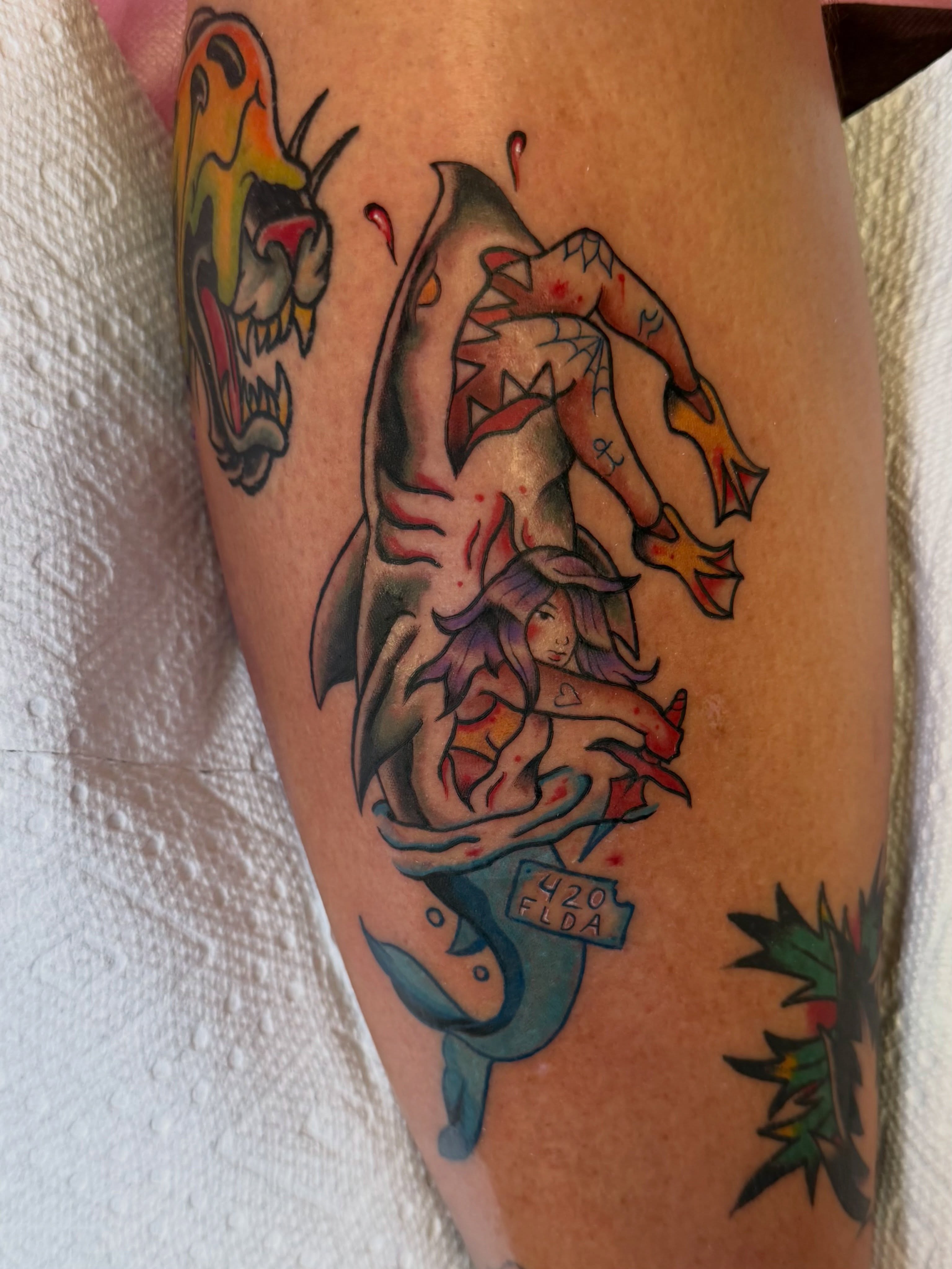 Shark and mermaid American traditional tattoo on the thigh by ✨Jen Lochbihler✨, Dickson, Tennessee