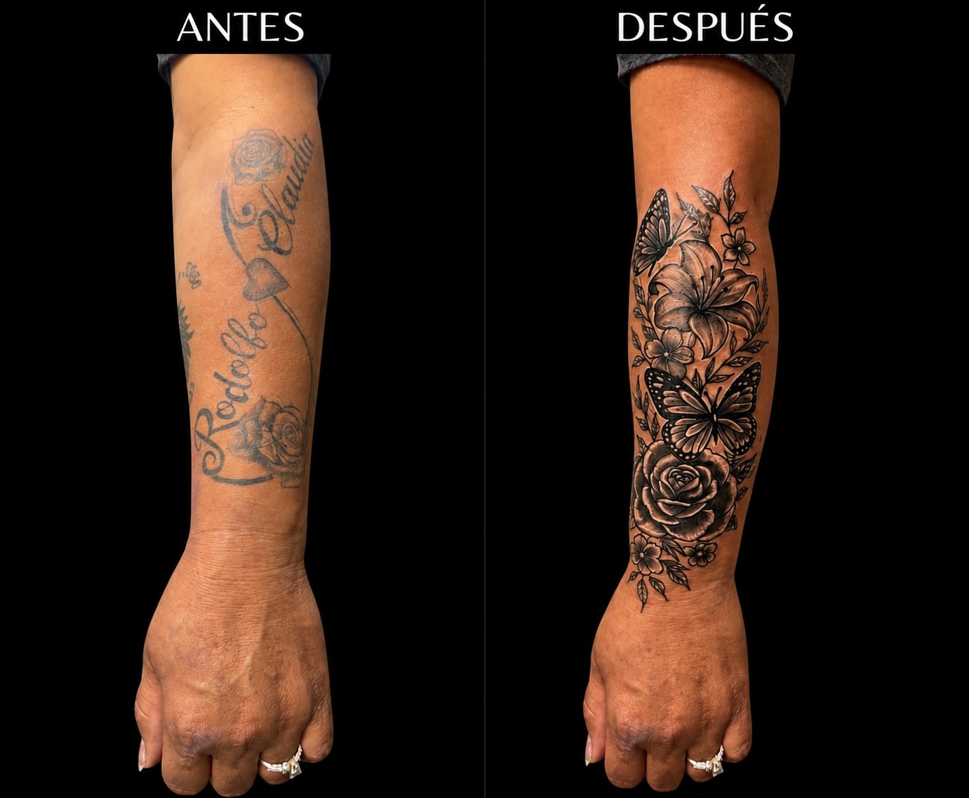 Floral bouquet black and grey tattoo on the forearm by Junior Sanchez Dfw