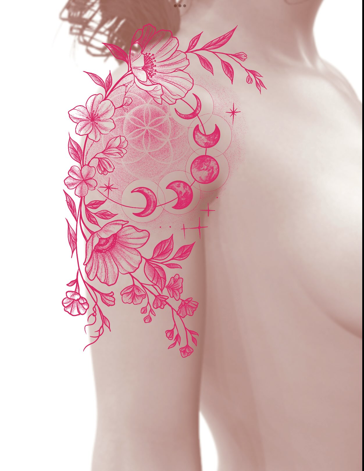 Moon phases and floral geometric tattoo on the shoulder by Heather Freitag