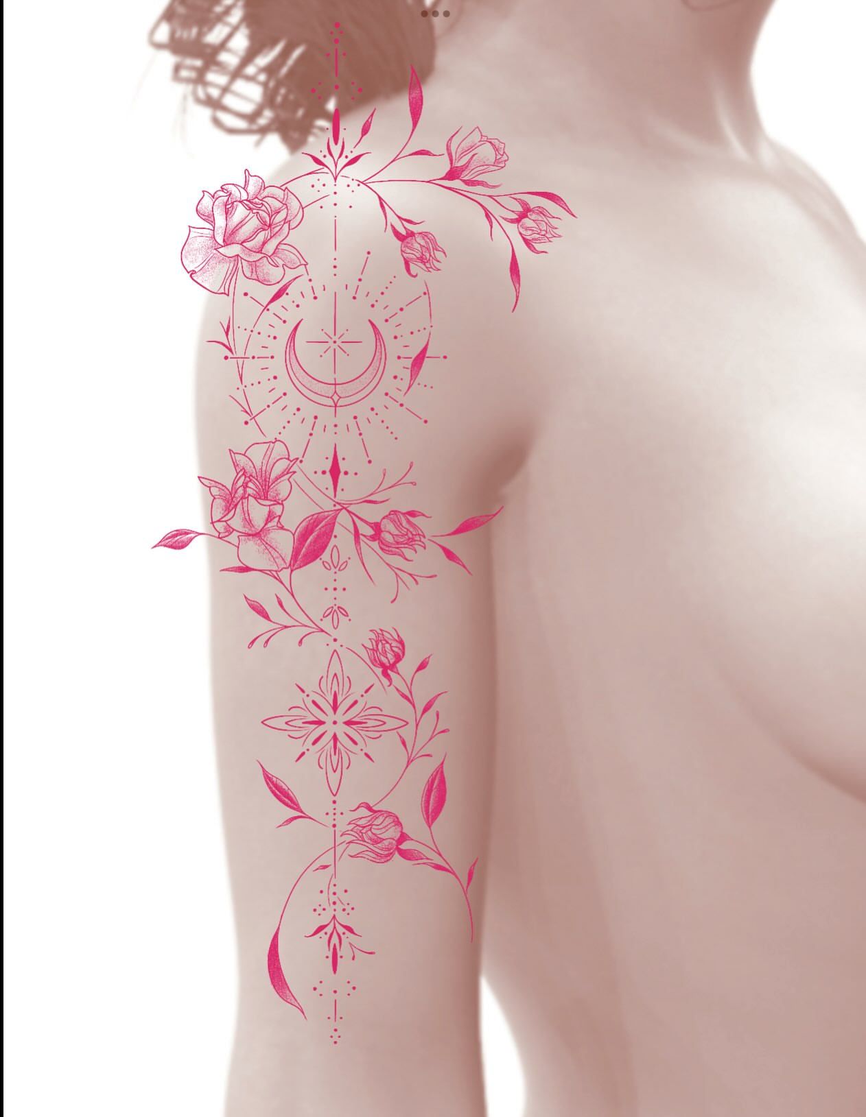 Floral design fine line tattoo on the upper arm by Heather Freitag