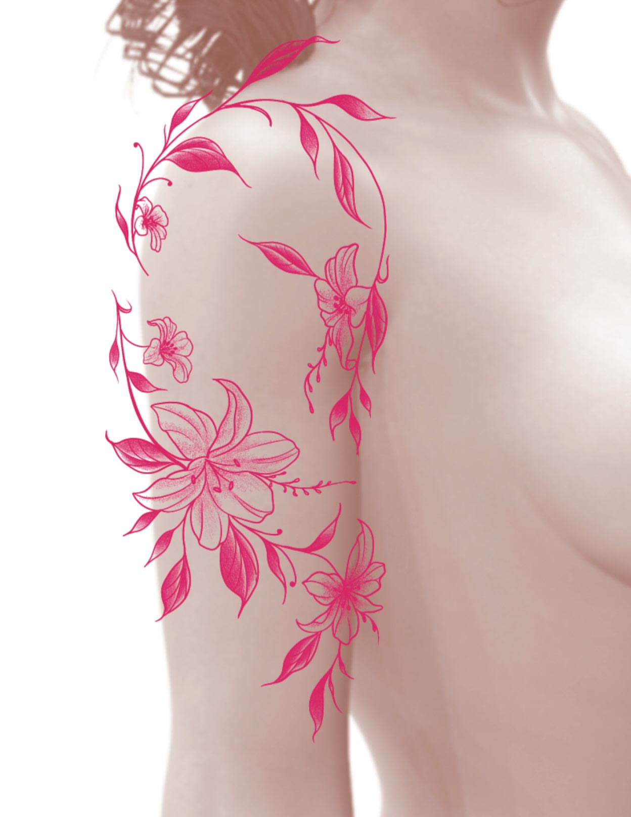 Floral arrangement fine line tattoo on the shoulder by Heather Freitag