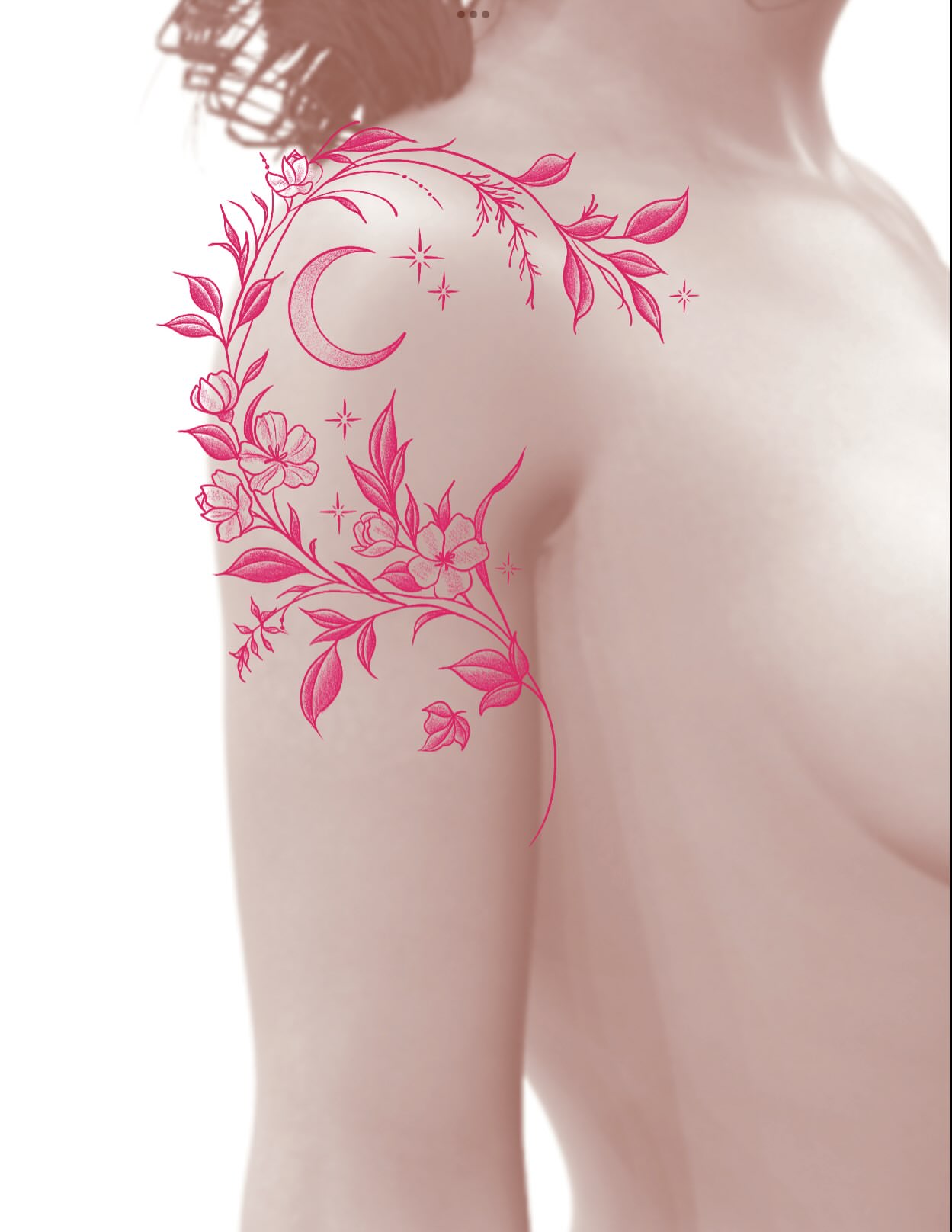 Floral crescent moon fine line tattoo on the shoulder by Heather Freitag