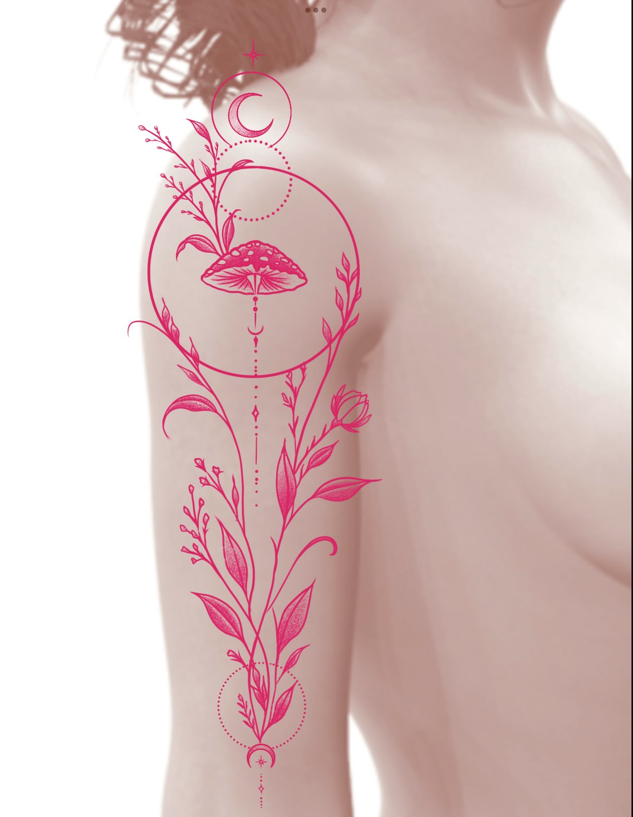 Mushroom and floral fine line tattoo on the upper arm by Heather Freitag