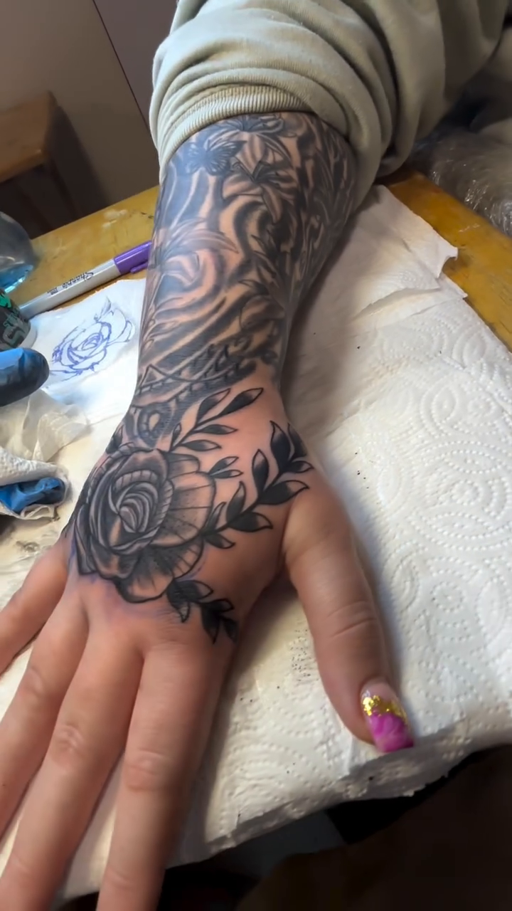 Rose and floral sleeve realism tattoo by OwlWhoINKs