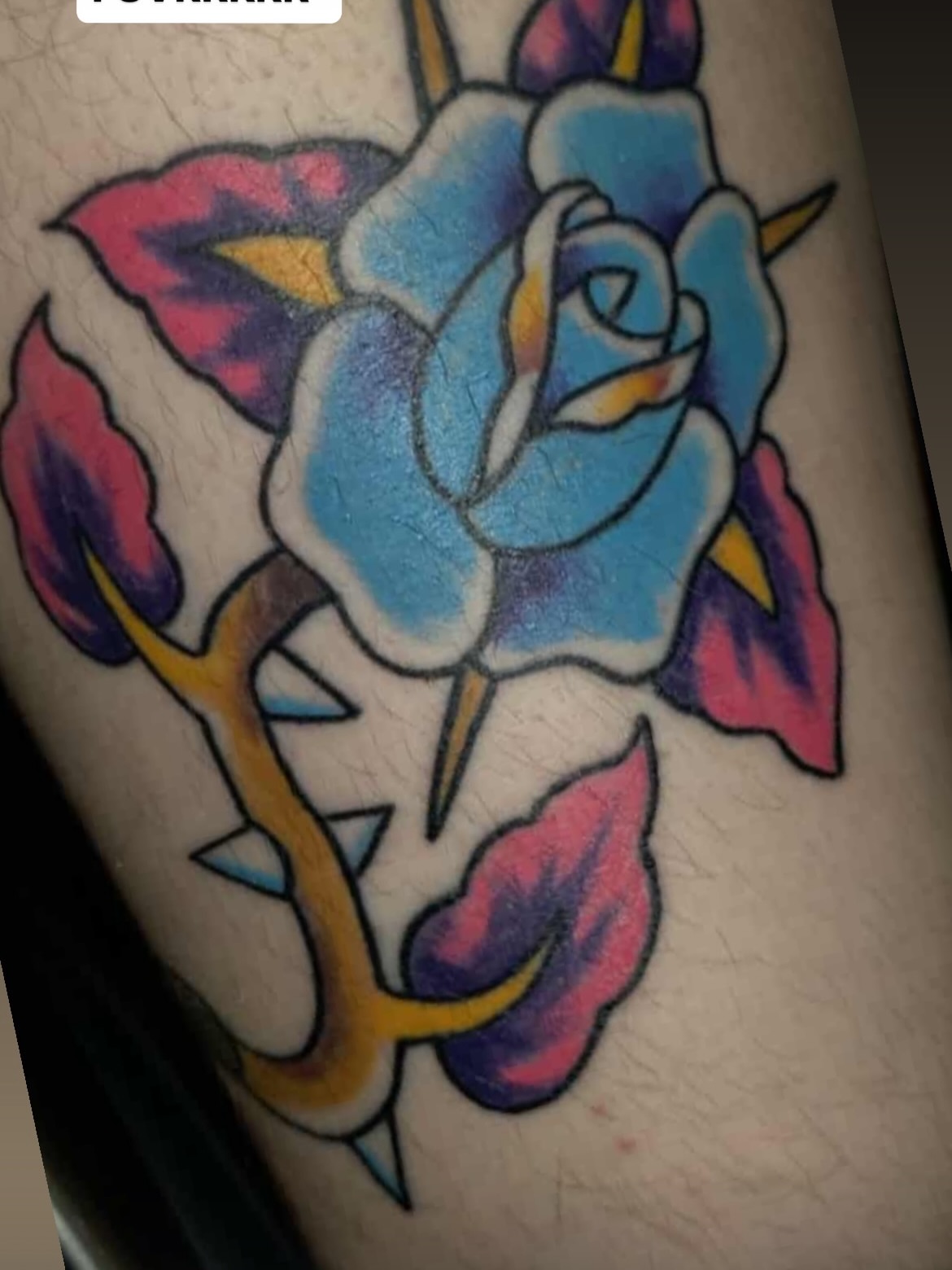 Blue rose American traditional tattoo on the forearm by キノ 🦊