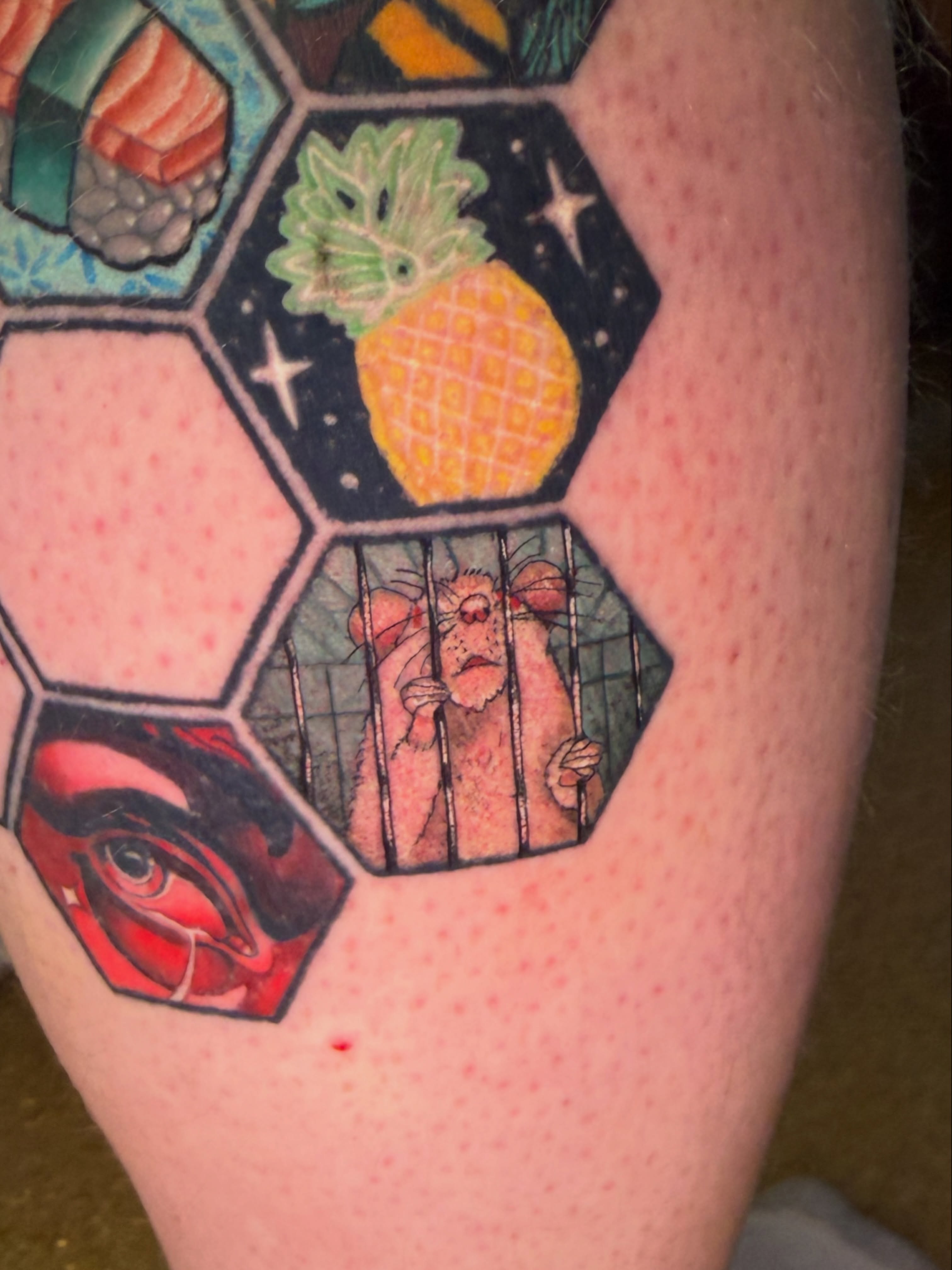 Monkey in cage geometric tattoo on the thigh by Abbie Kaitlynn Taylor, Dayton, Ohio