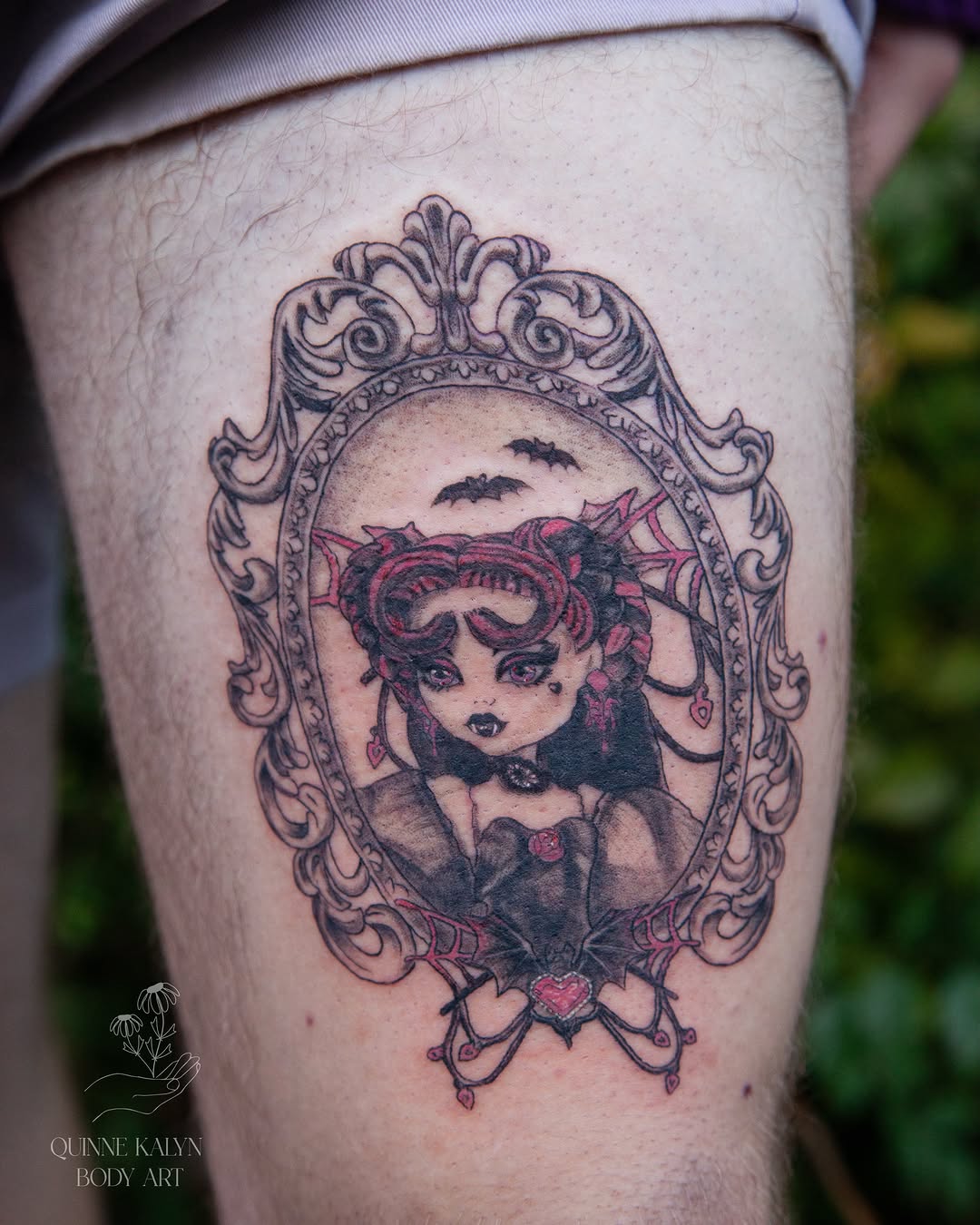 Vampire woman dark realism tattoo on the thigh by Nashville Piercer & Tattoo Artist ✨ Quinne
