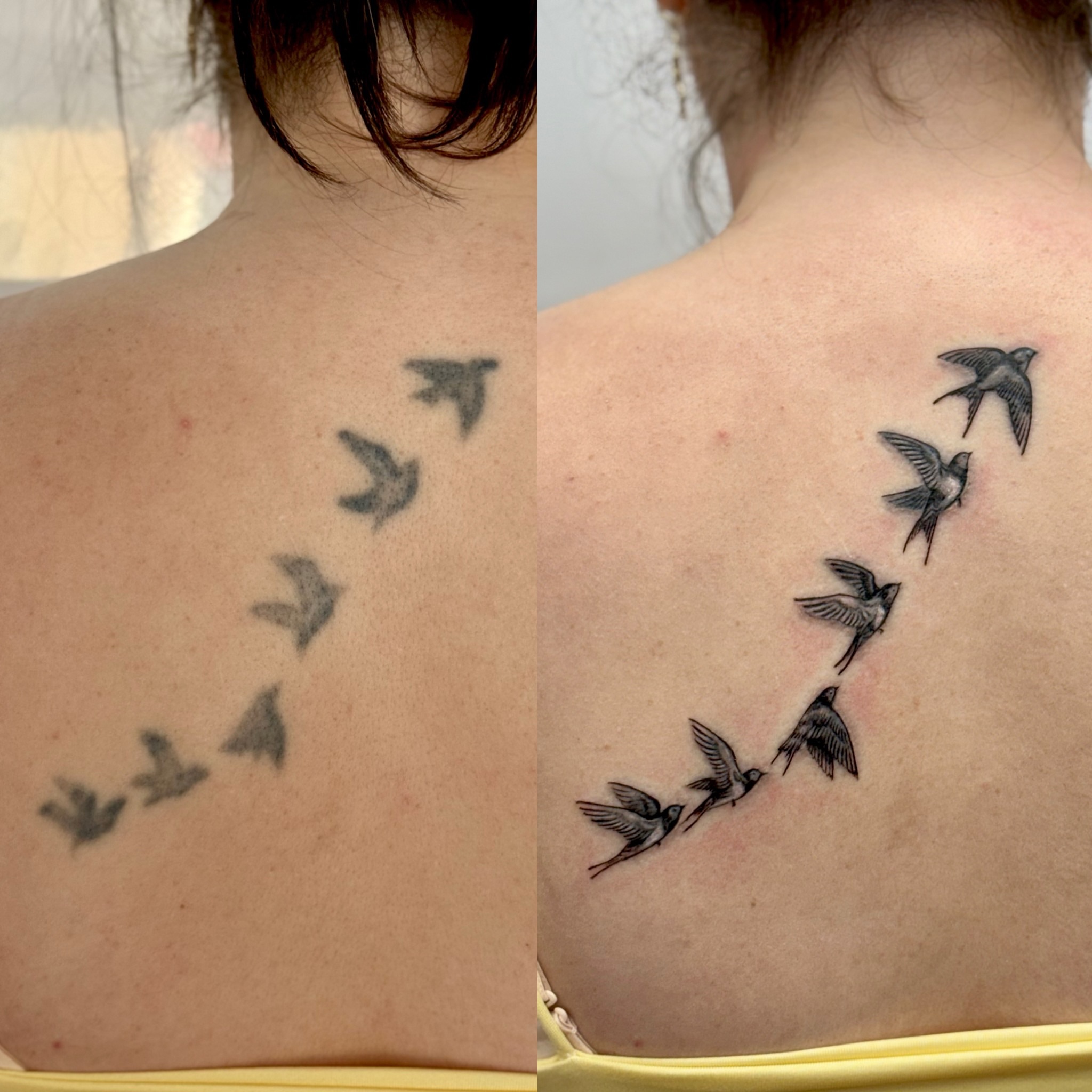 Birds flying black and grey tattoo on the back by Morgan Andres Soto