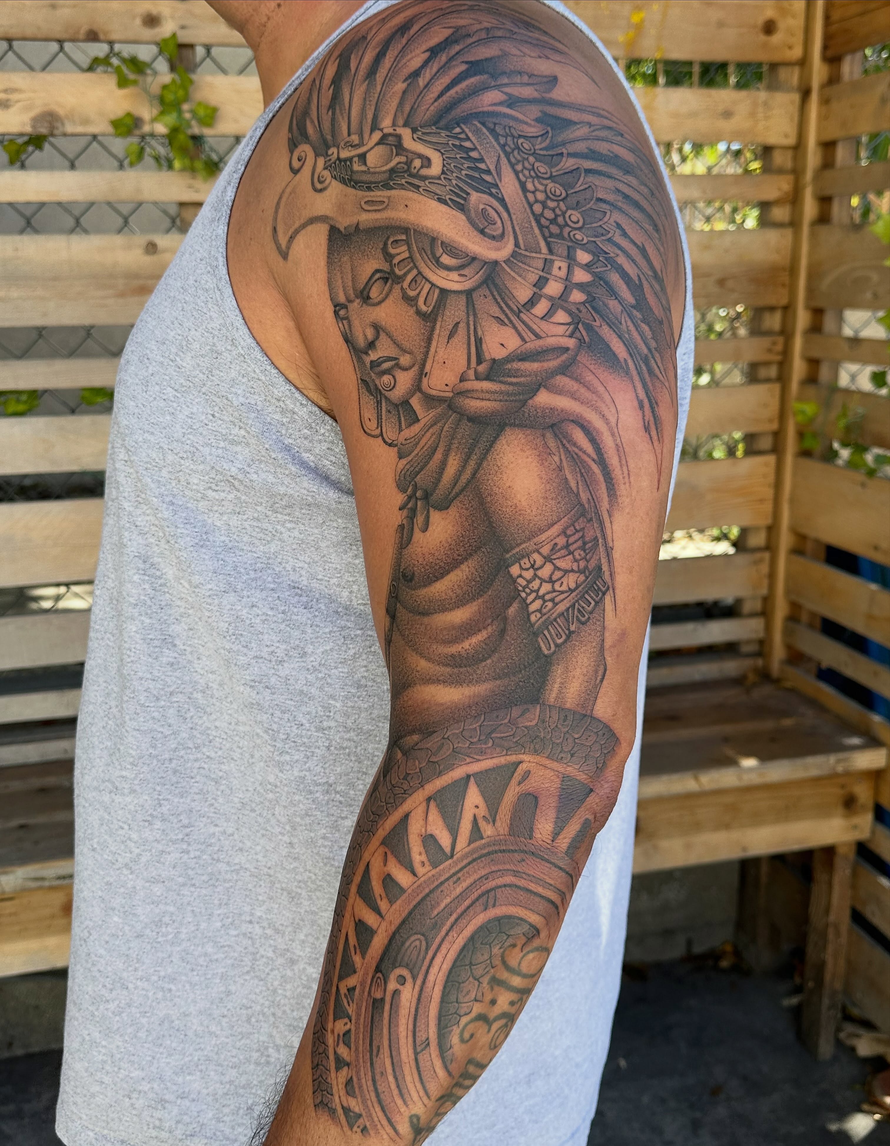 Warrior realism tattoo on the upper arm by San Diego Tattoo Artist