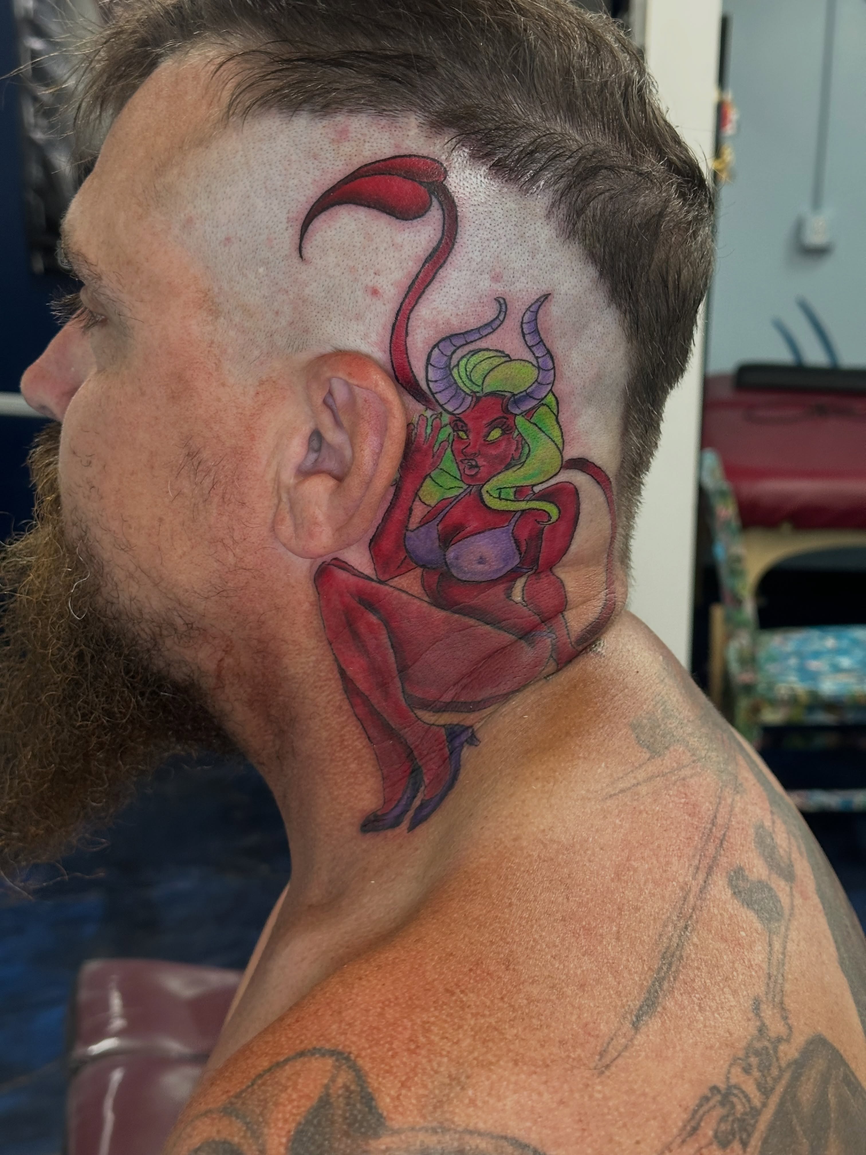 Demon neo-traditional tattoo on the neck by Christian Colón, Nashville, Tennessee