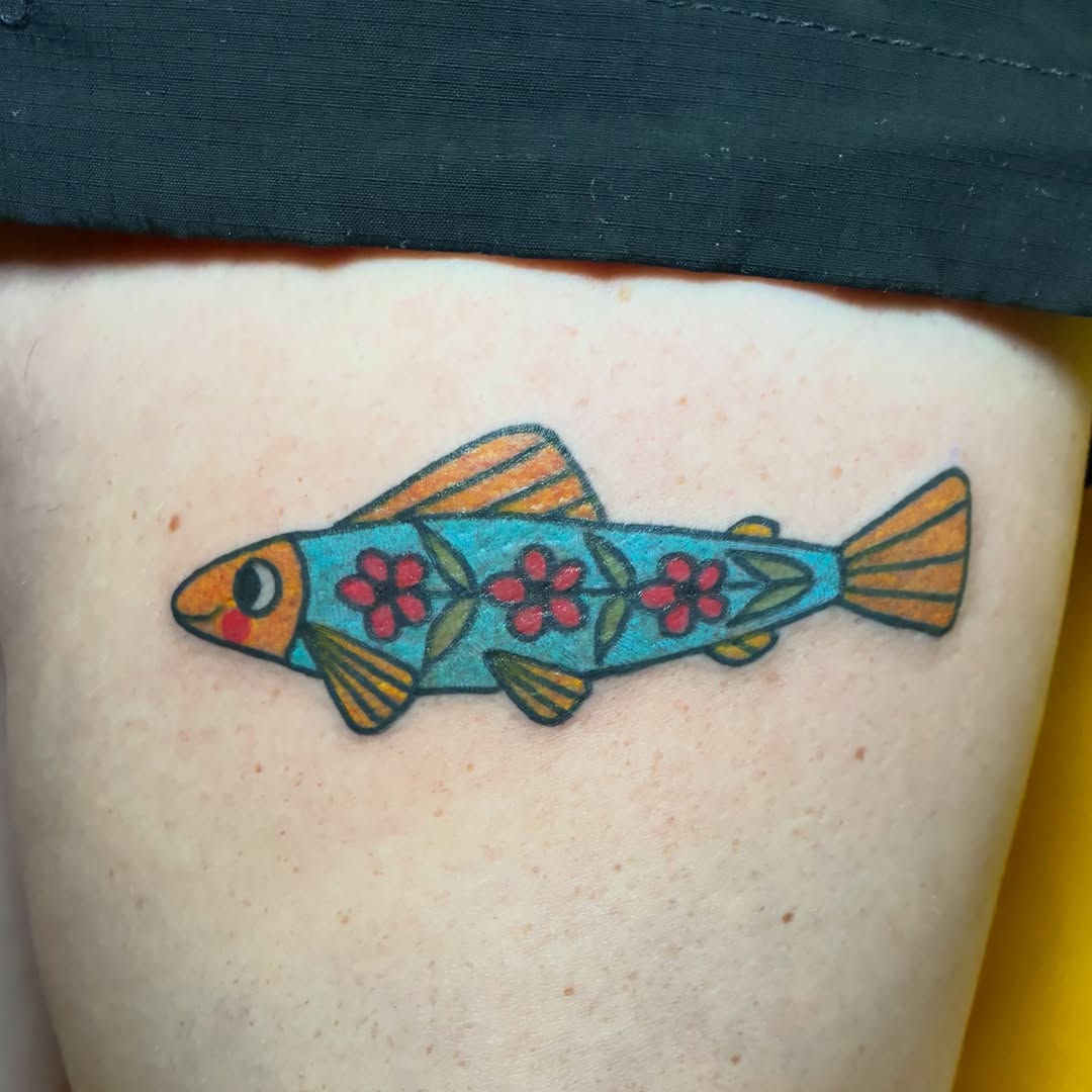 Fish American traditional tattoo on the thigh by Kaily McKee