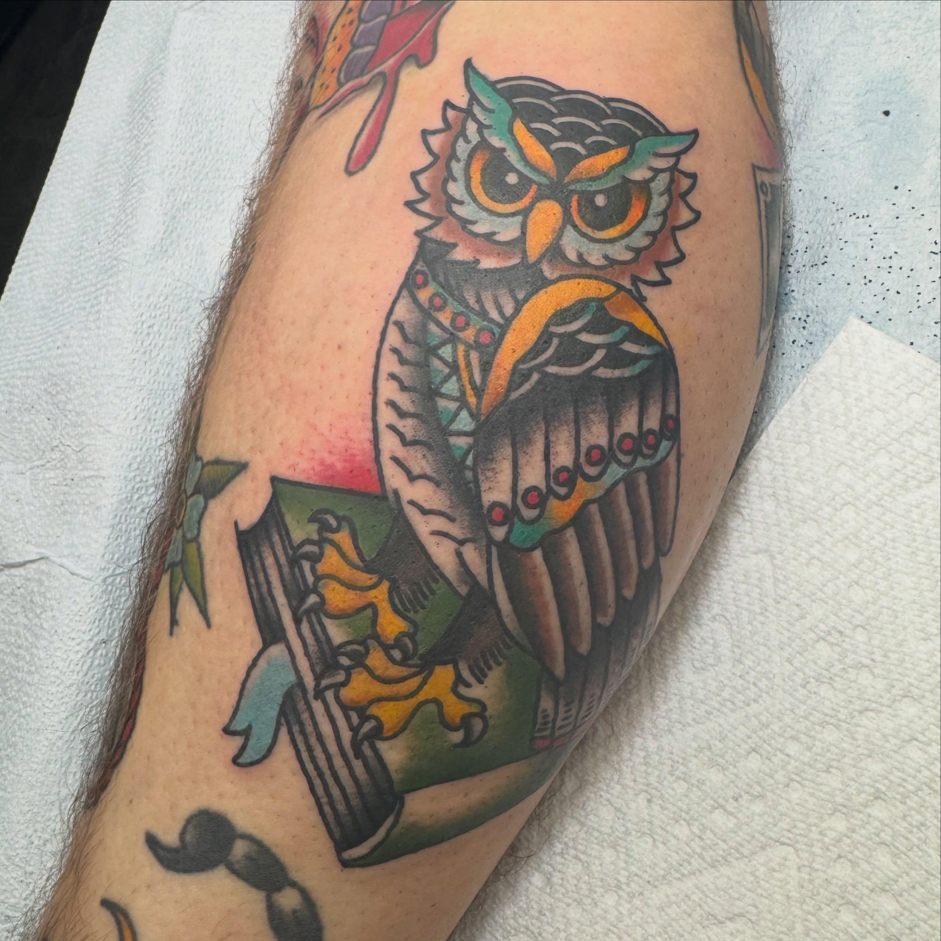 Owl American traditional tattoo on the forearm by Michael Roehrich (MEECH!)