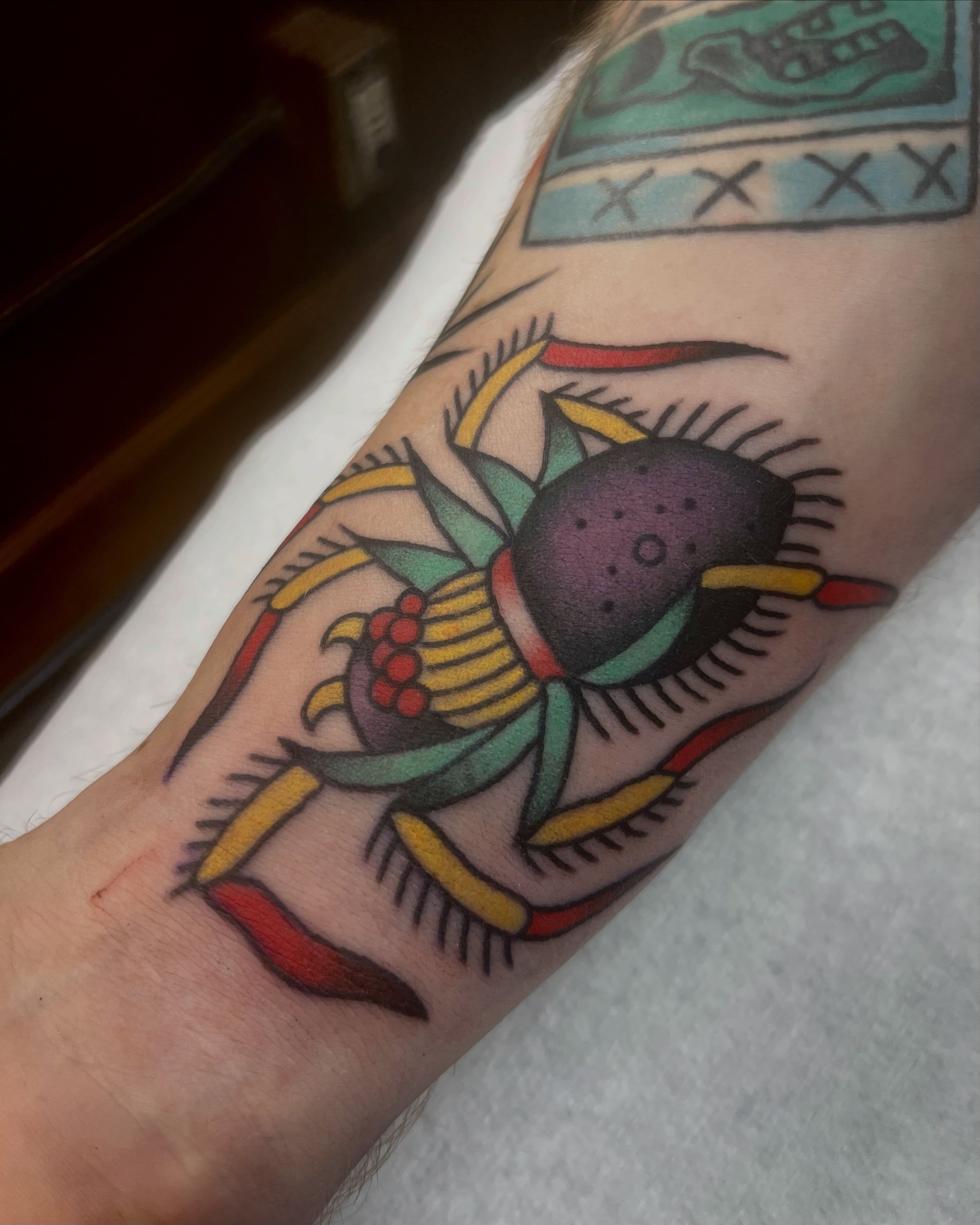 Spider American traditional tattoo on the forearm by jay