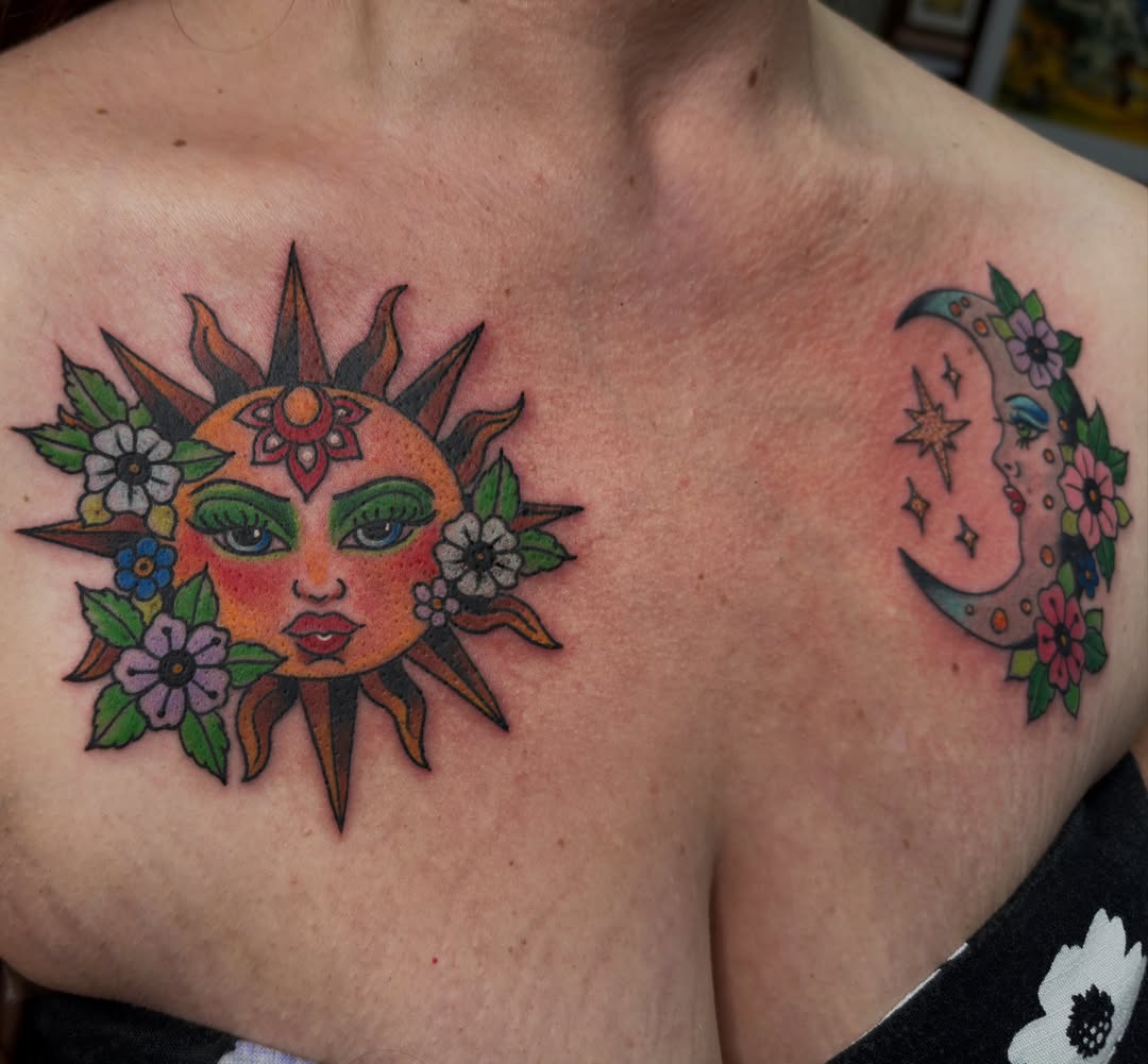 Sun and moon American traditional tattoo on the chest by Shaila Roach Decorative & Cosmetic Tattooer