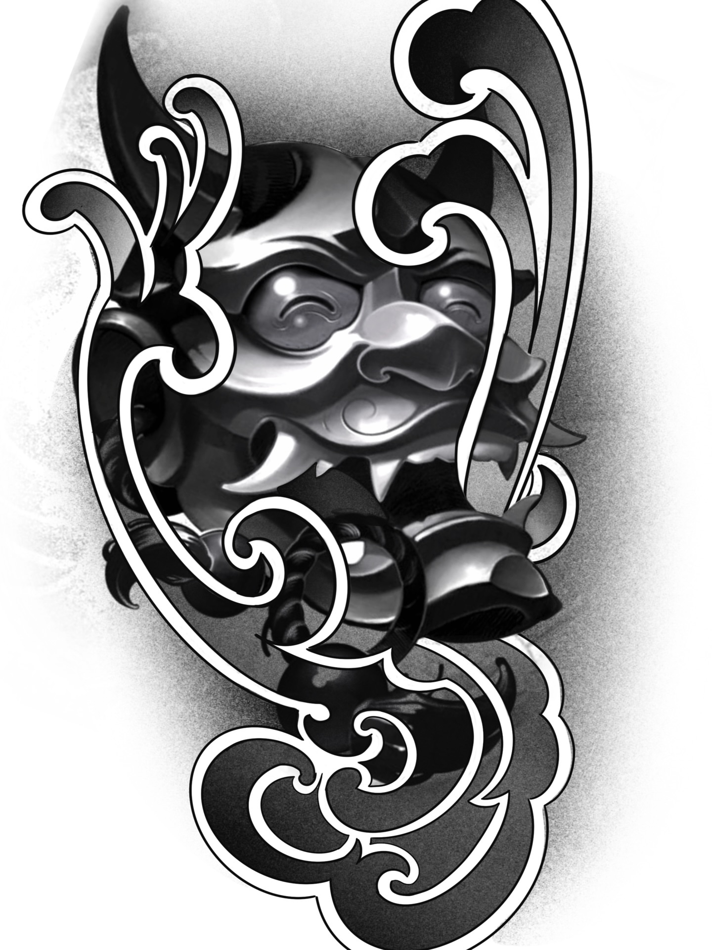Mask black and grey tattoo on the forearm by El Salvador Tattoo Artist