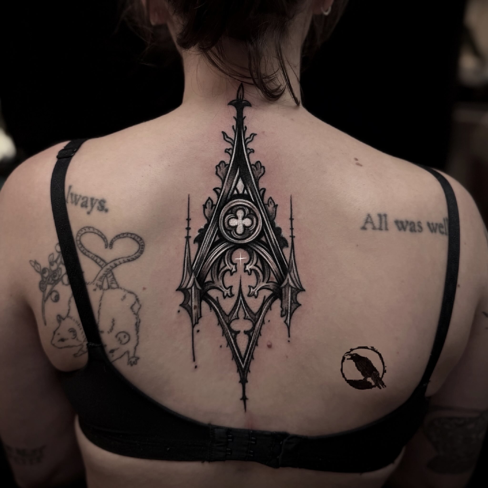 Gothic cathedral geometric tattoo on the back by 𝕽𝖎𝖌𝖊𝖗𝖘 𝕳𝖆𝖒𝖟𝖆, San Francisco, California