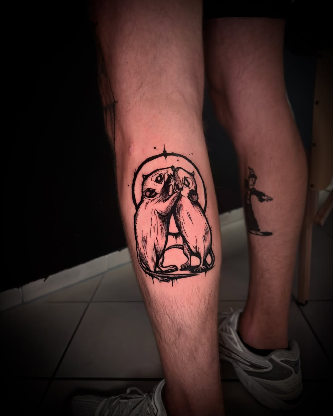 Owl black and grey tattoo on the calf by lu ๐