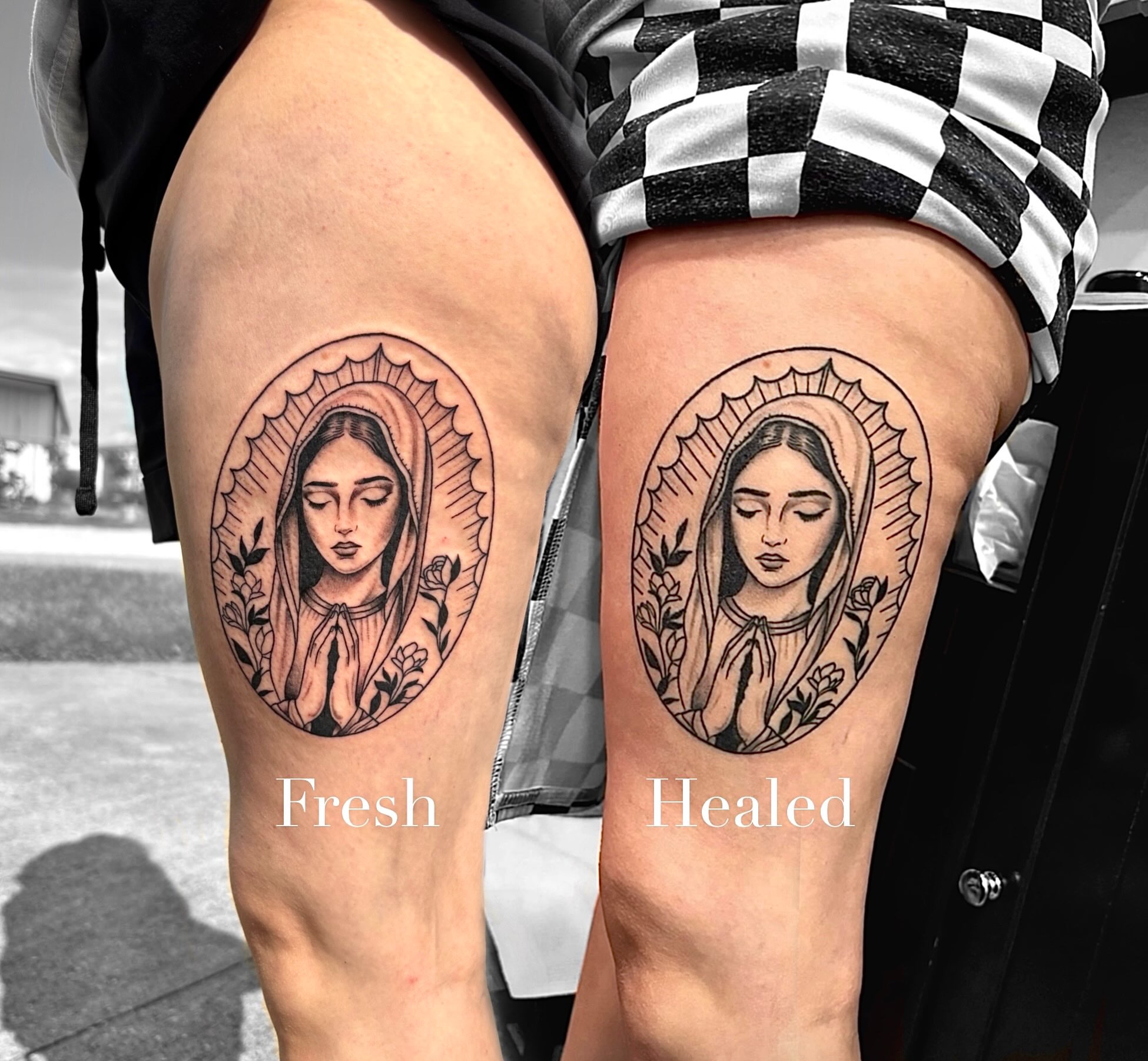 Religious figure black and grey tattoo on the thigh by Grace L
