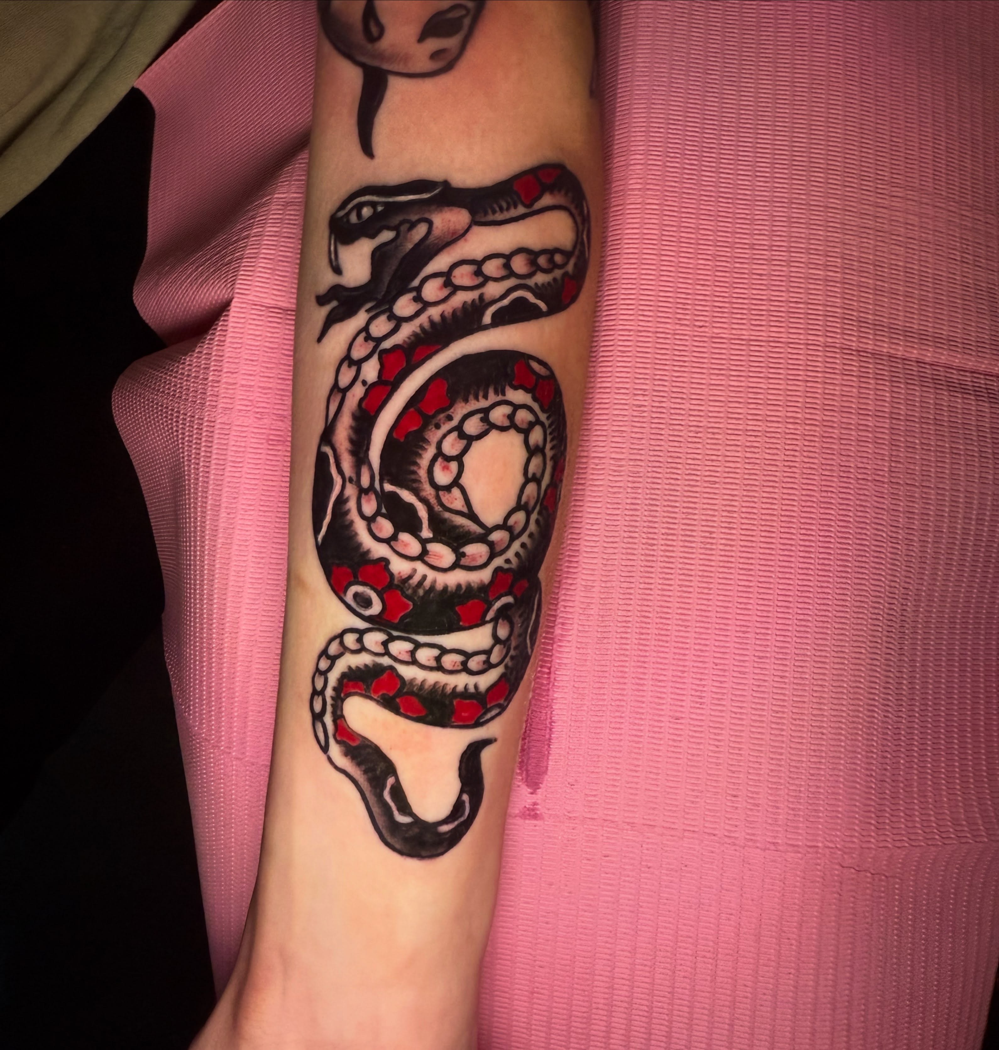 Snake American traditional tattoo on the forearm by Arron Albaugh