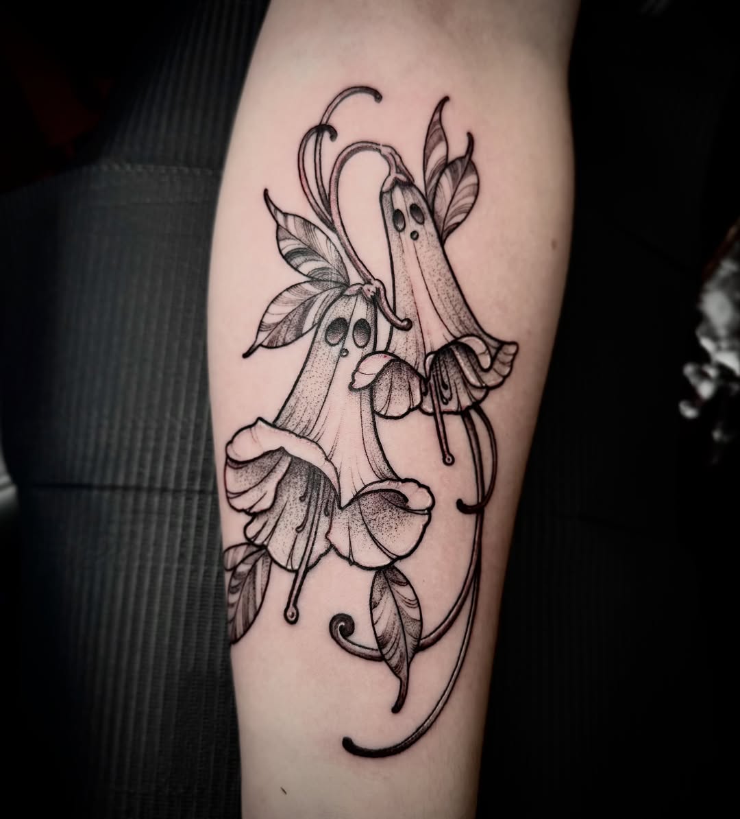Bell flowers dotwork tattoo on the forearm by 🏵