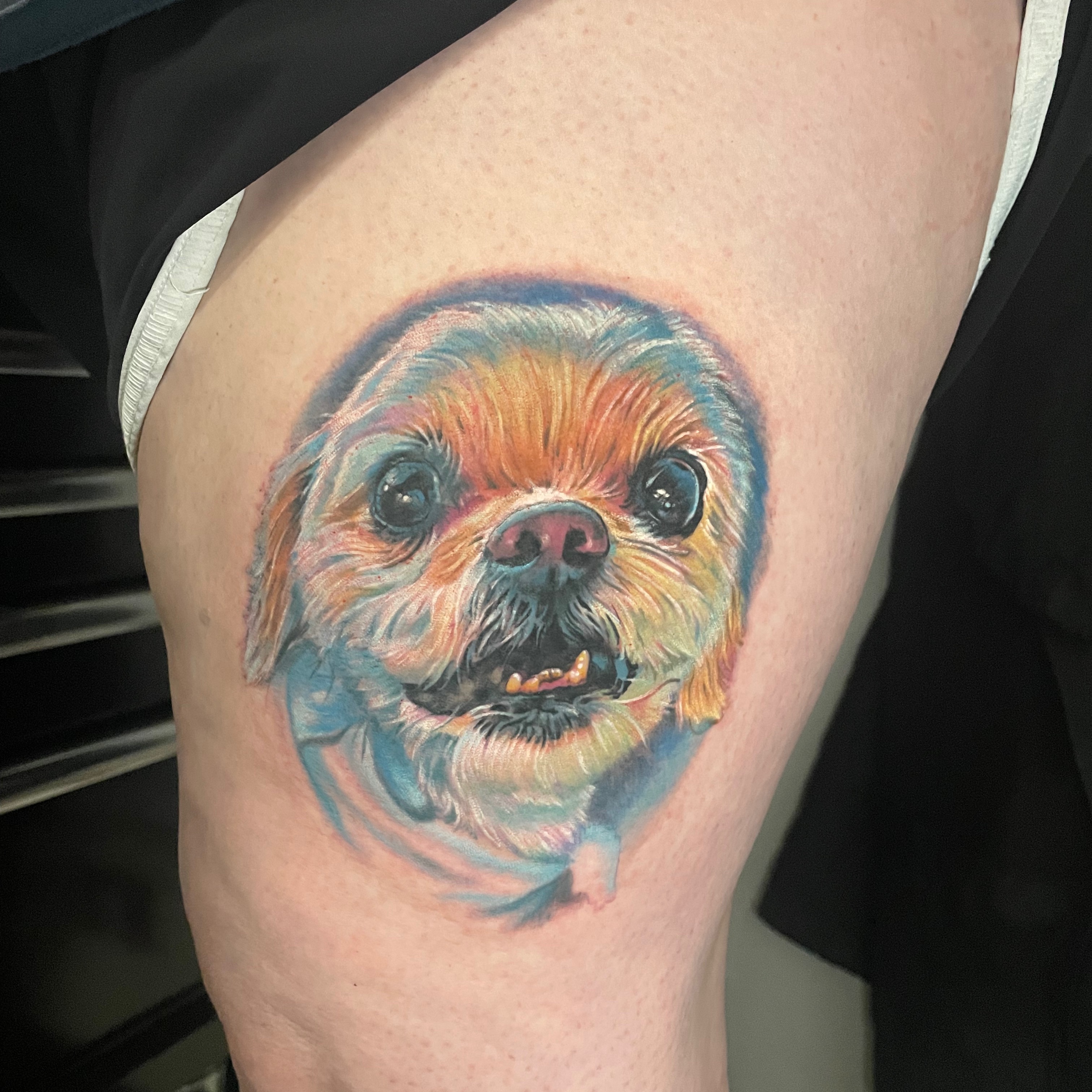 Dog realism tattoo on the thigh by Tatgunjoe, Salt Lake City, Utah