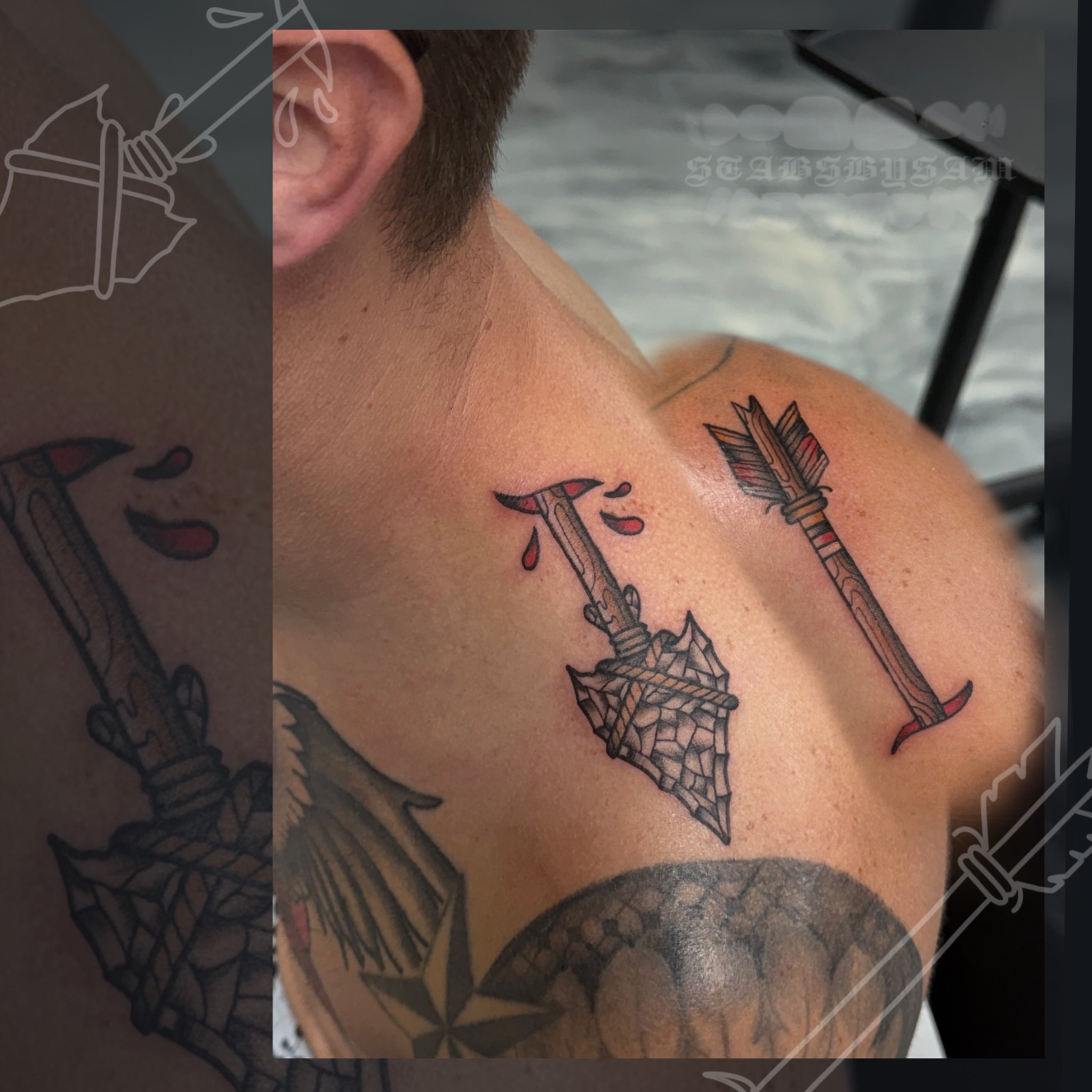 War axe and arrow geometric tattoo on the shoulder by licensed charlotte tattoo artist